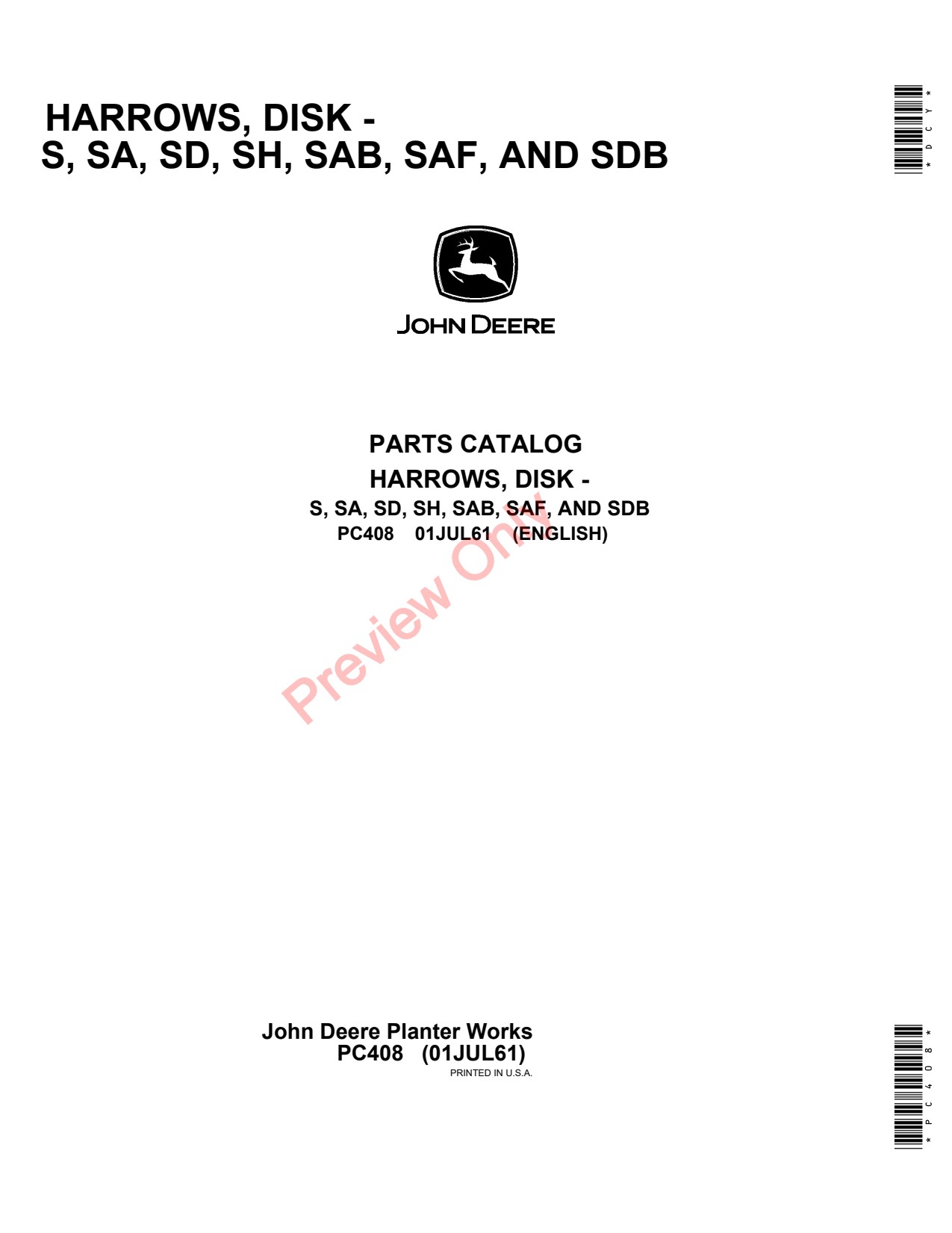 John Deere SA SAB SDB SD S SH SAF Disk Harrow Parts Catalog PC408 1 John Deere SA SAB SDB SD S SH SAF Disk Harrow Parts Catalog PC408