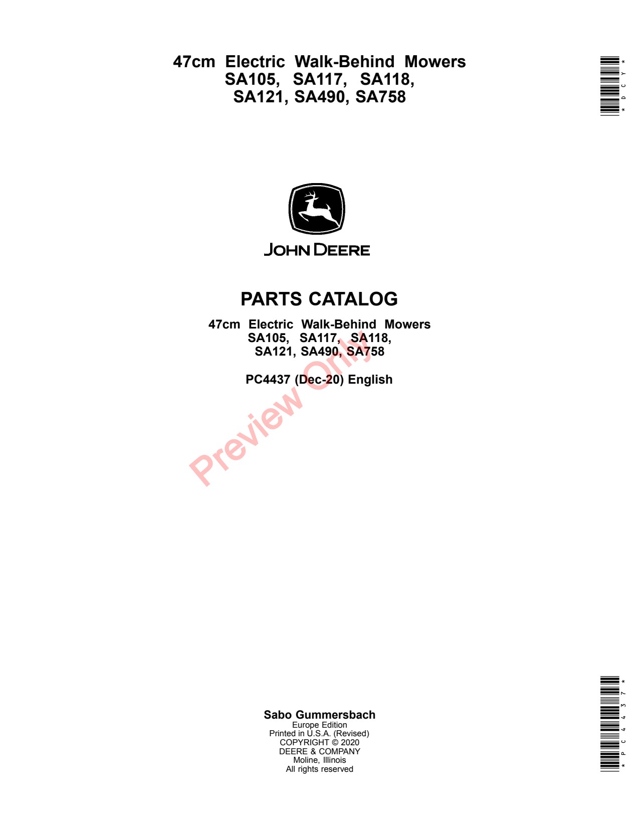 John Deere SA105 SA117 SA118 SA121 SA490 SA758 47CM Electric Walk-Behind Mower Parts Catalog PC4437 1 John Deere SA105 SA117 SA118 SA121 SA490 SA758 47CM Electric Walk-Behind Mower Parts Catalog PC4437