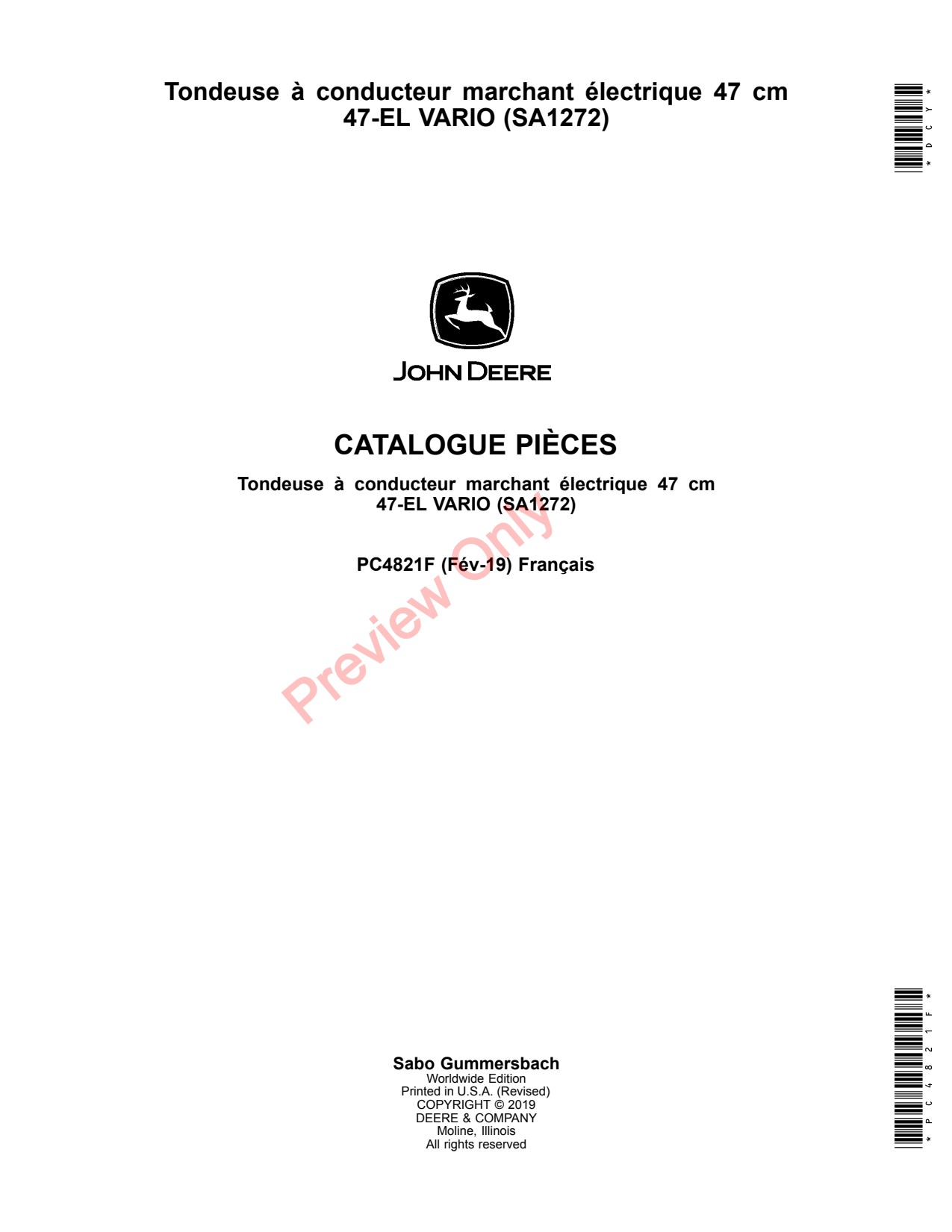 John Deere SA1272 47CM 47 Electric Walk-Behind Mower Parts Catalog PC4821F FR 1 John Deere SA1272 47CM 47 Electric Walk-Behind Mower Parts Catalog PC4821F FR