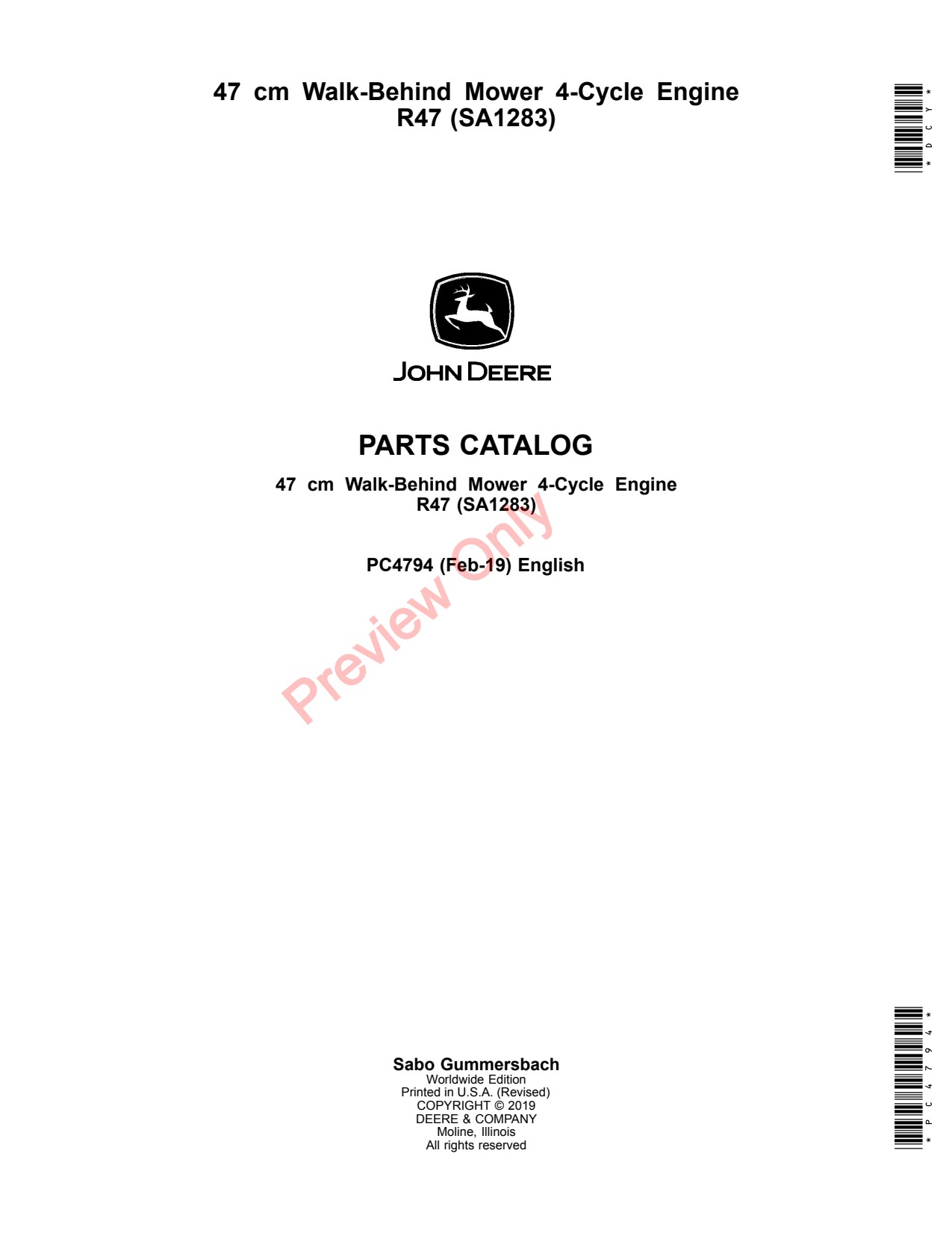 John Deere SA1283 47 R47 Walk-Behind Mower Parts Catalog PC4794 1 John Deere SA1283 47 R47 Walk-Behind Mower Parts Catalog PC4794