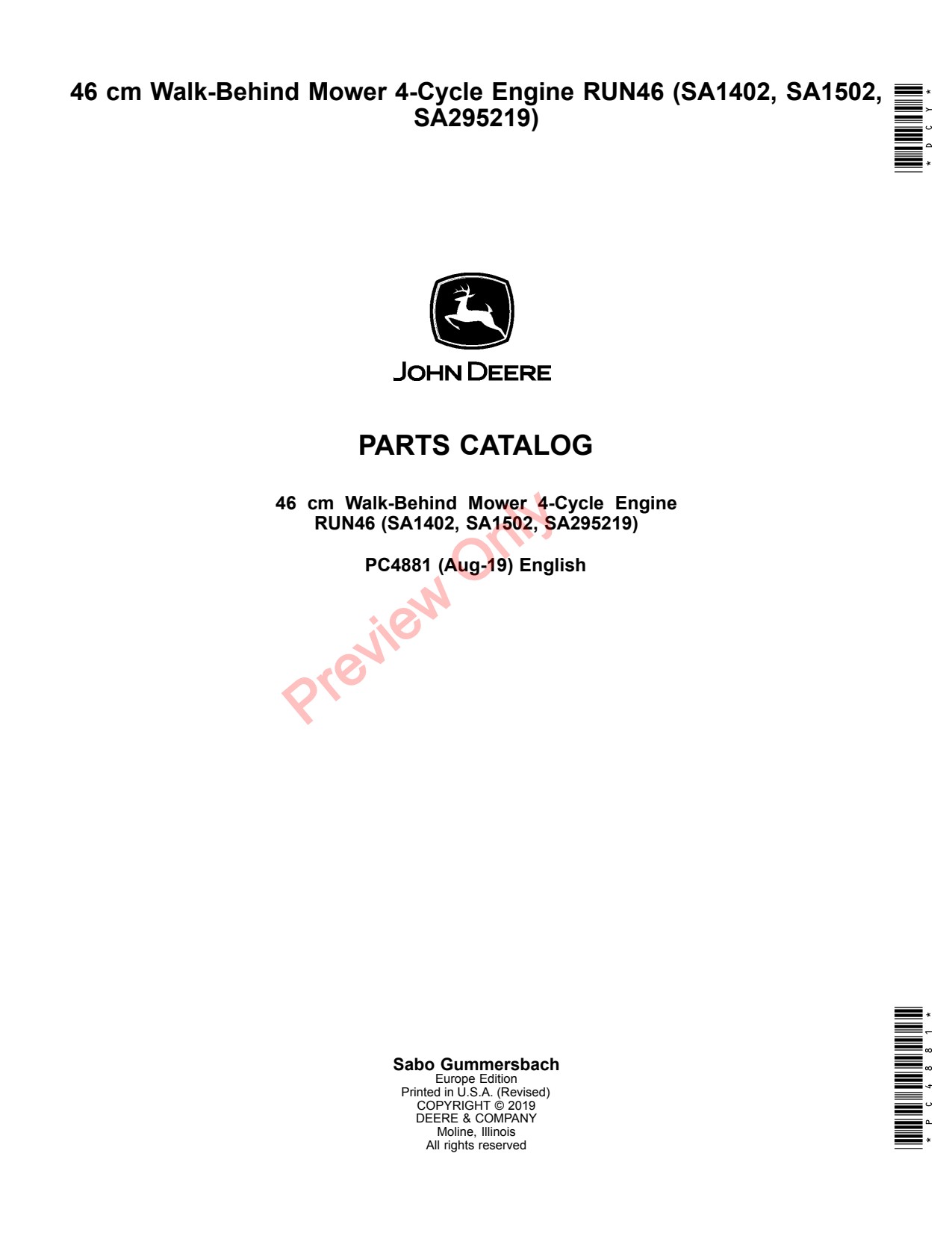 John Deere SA1402 SA1502 SA295219 46 RUN46 Walk-Behind Mower Parts Catalog PC4881 1 John Deere SA1402 SA1502 SA295219 46 RUN46 Walk-Behind Mower Parts Catalog PC4881