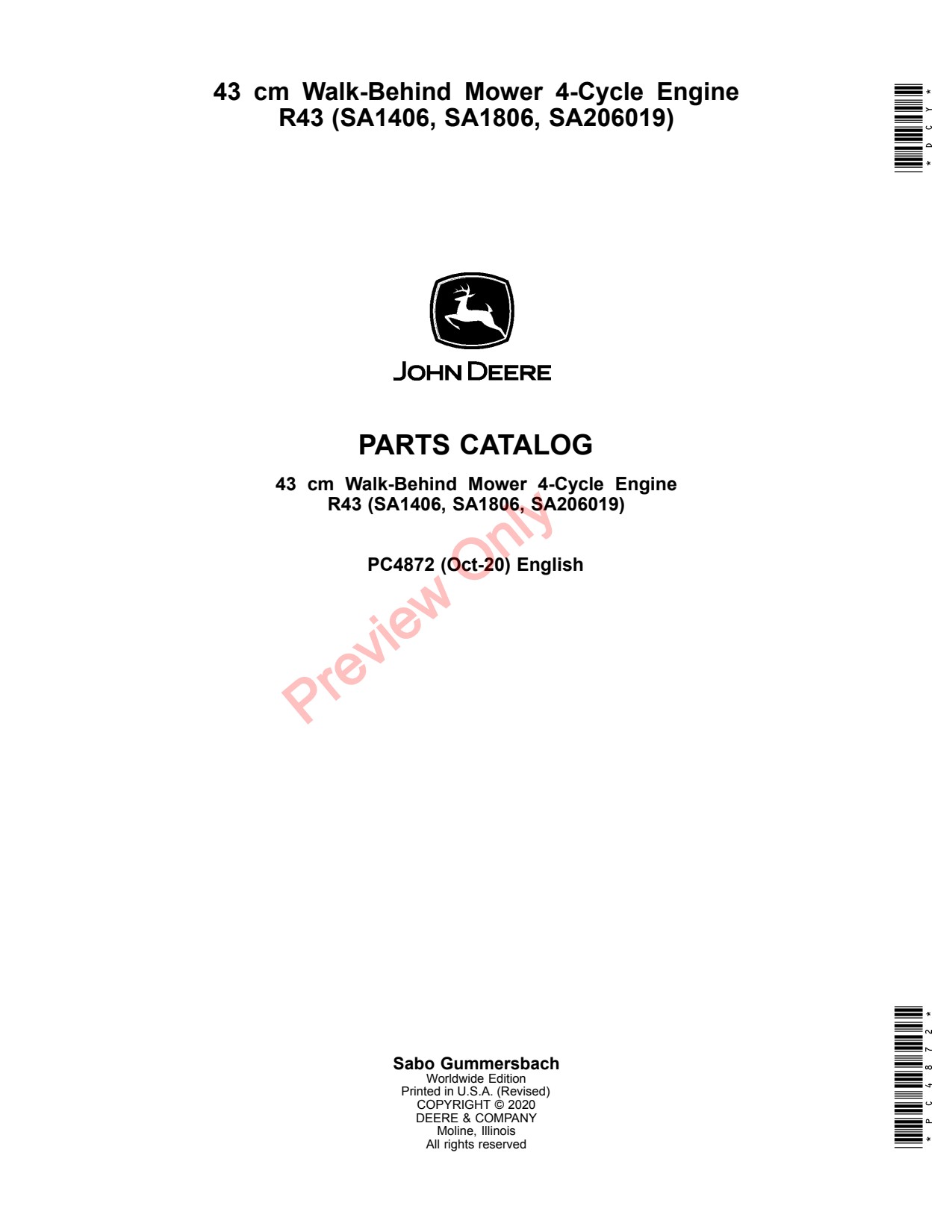 John Deere SA1406 SA1806 SA206019 43 R43 Walk-Behind Mower Parts Catalog PC4872 1 John Deere SA1406 SA1806 SA206019 43 R43 Walk-Behind Mower Parts Catalog PC4872