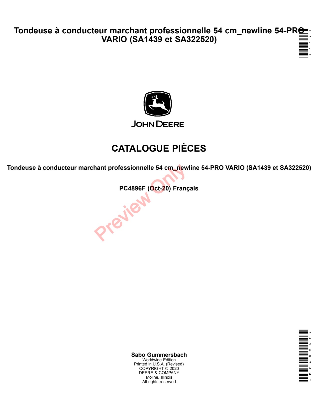 John Deere SA1439 SA322520 54 Professional Walk-Behind Mower Parts Catalog PC4896F FR 1 John Deere SA1439 SA322520 54 Professional Walk-Behind Mower Parts Catalog PC4896F FR