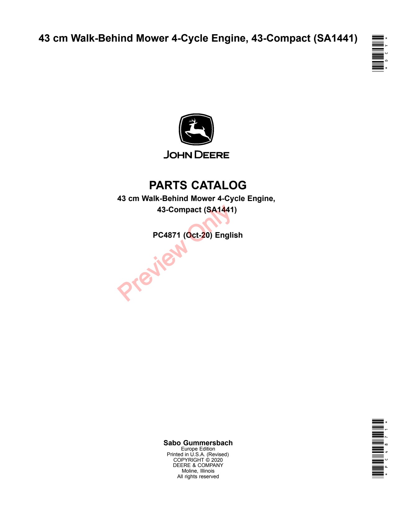 John Deere SA1441 43 Walk-Behind Mower Parts Catalog PC4871 1 John Deere SA1441 43 Walk-Behind Mower Parts Catalog PC4871