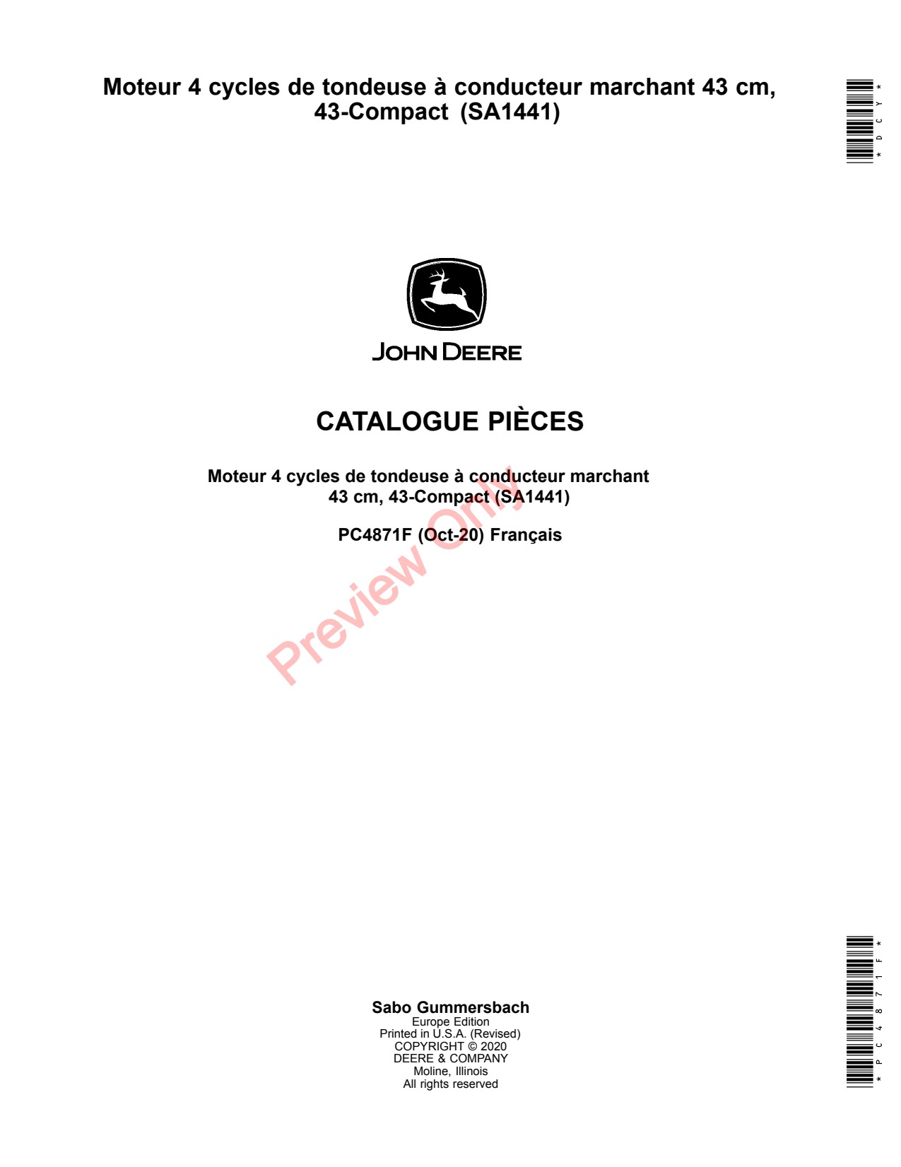John Deere SA1441 43 Walk-Behind Mower Parts Catalog PC4871F FR 1 John Deere SA1441 43 Walk-Behind Mower Parts Catalog PC4871F FR