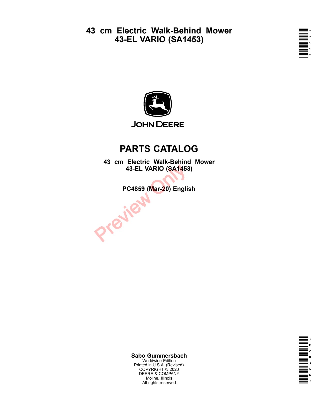 John Deere SA1453 43 Electric Walk-Behind Mower Parts Catalog PC4859 1 John Deere SA1453 43 Electric Walk-Behind Mower Parts Catalog PC4859