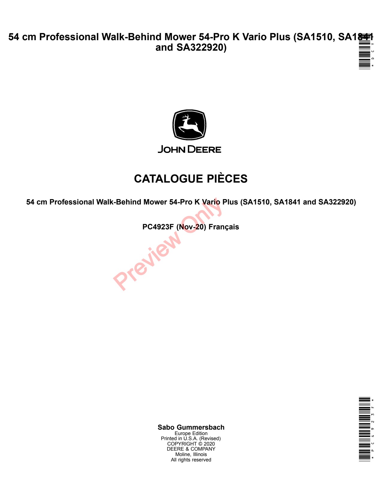 John Deere SA1510 SA1841 SA322920 54 Professional Walk-Behind Mower Parts Catalog PC4923F FR 1 John Deere SA1510 SA1841 SA322920 54 Professional Walk-Behind Mower Parts Catalog PC4923F FR