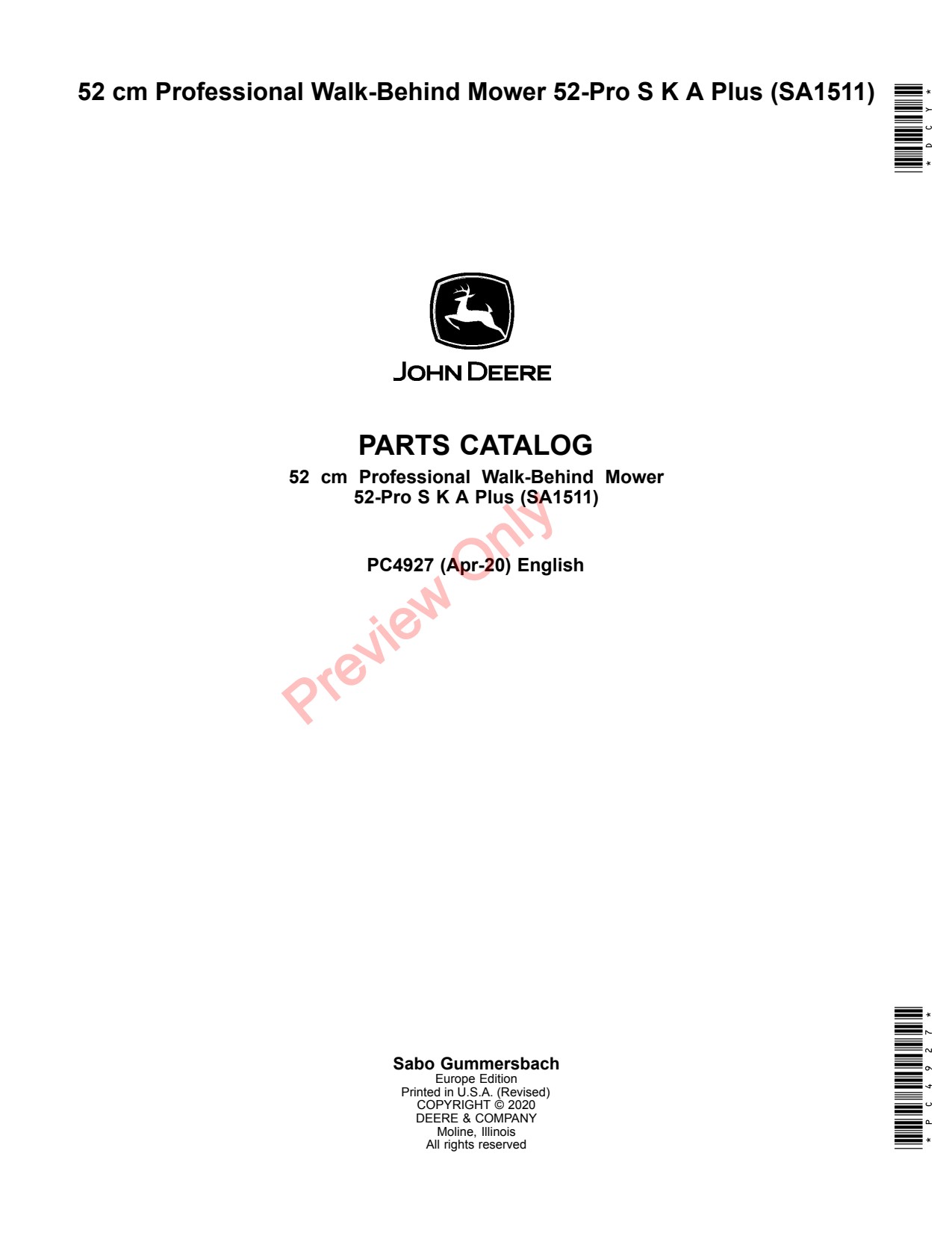 John Deere SA1511 52 Professional Walk-Behind Mower Parts Catalog PC4927 1 John Deere SA1511 52 Professional Walk-Behind Mower Parts Catalog PC4927