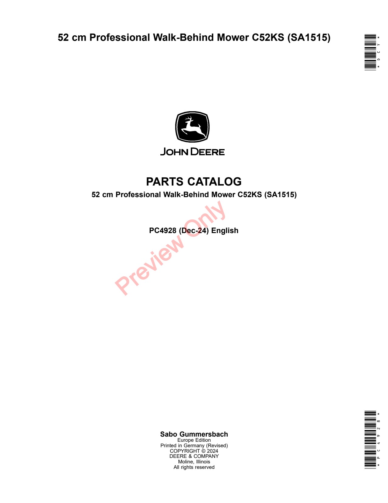 John Deere SA1515 C52KS 52 Professional Walk-Behind Mower Parts Catalog PC4928 1 John Deere SA1515 C52KS 52 Professional Walk-Behind Mower Parts Catalog PC4928