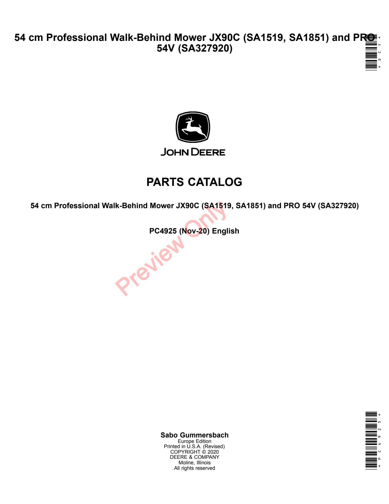 John Deere SA1519 SA1851 SA327920 54 JX90C 54V Professional Walk-Behind Mower Parts Catalog PC4925 1 John Deere SA1519 SA1851 SA327920 54 JX90C 54V Professional Walk-Behind Mower Parts Catalog PC4925