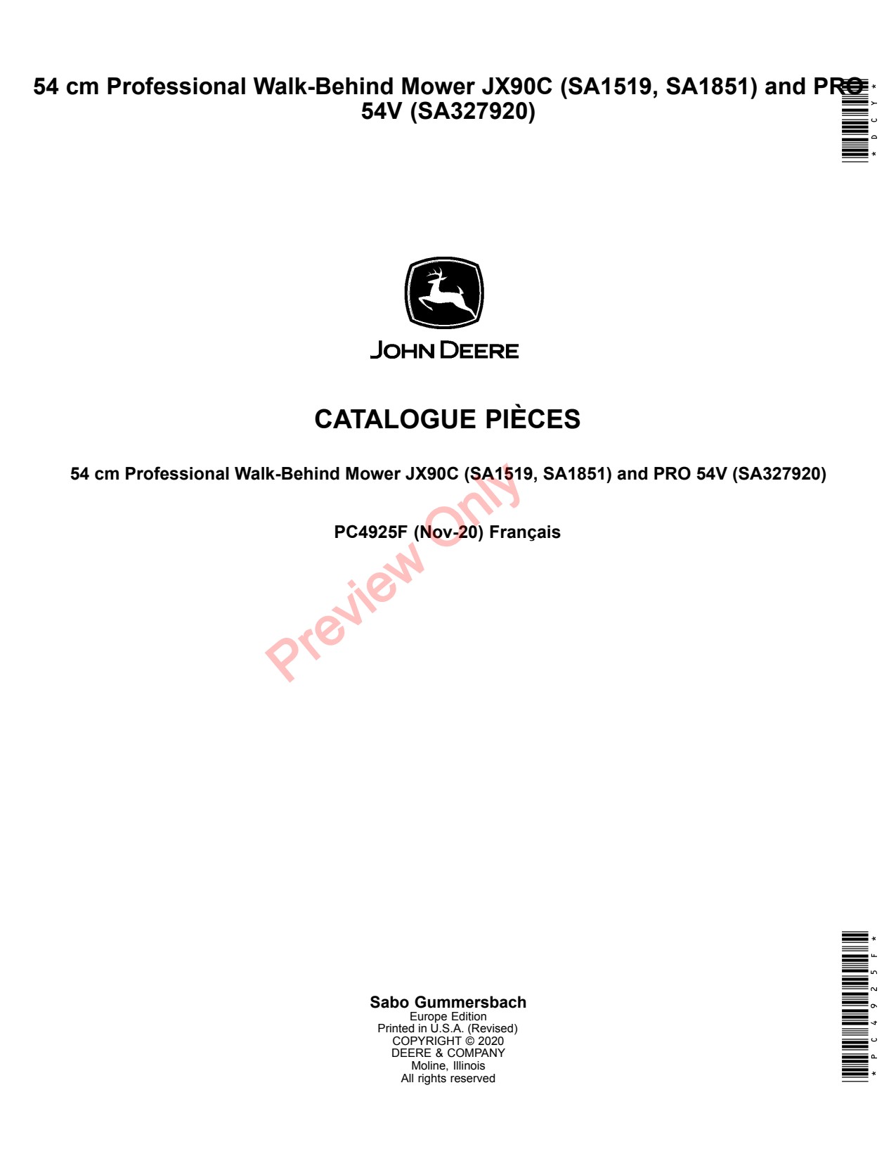 John Deere SA1519 SA1851 SA327920 54 JX90C 54V Professional Walk-Behind Mower Parts Catalog PC4925F FR 1 John Deere SA1519 SA1851 SA327920 54 JX90C 54V Professional Walk-Behind Mower Parts Catalog PC4925F FR