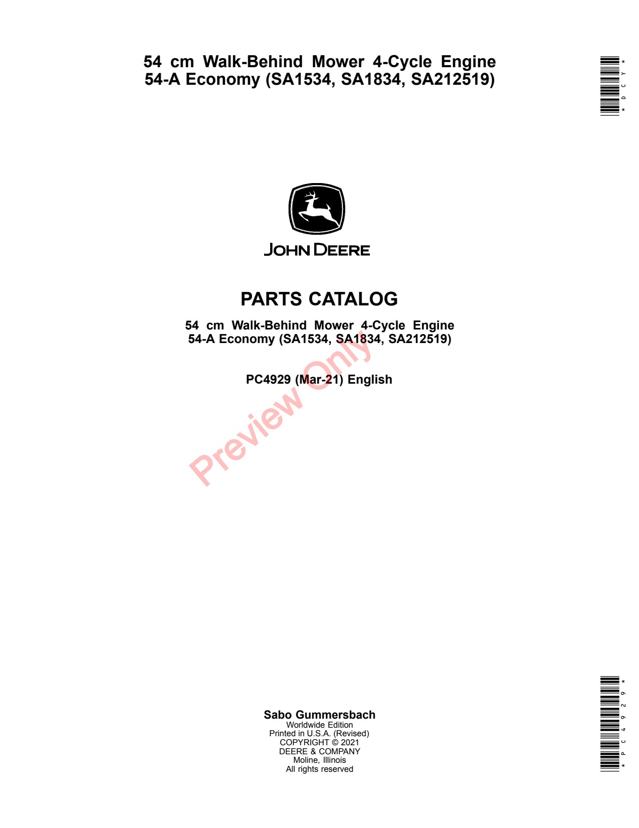 John Deere SA1534 SA1834 SA212519 54 Walk-Behind Mower Parts Catalog PC4929 1 John Deere SA1534 SA1834 SA212519 54 Walk-Behind Mower Parts Catalog PC4929