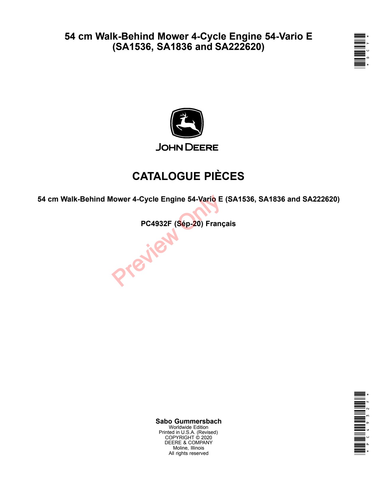 John Deere SA1536 SA1836 SA222620 54 Walk-Behind Mower Parts Catalog PC4932F FR 1 John Deere SA1536 SA1836 SA222620 54 Walk-Behind Mower Parts Catalog PC4932F FR