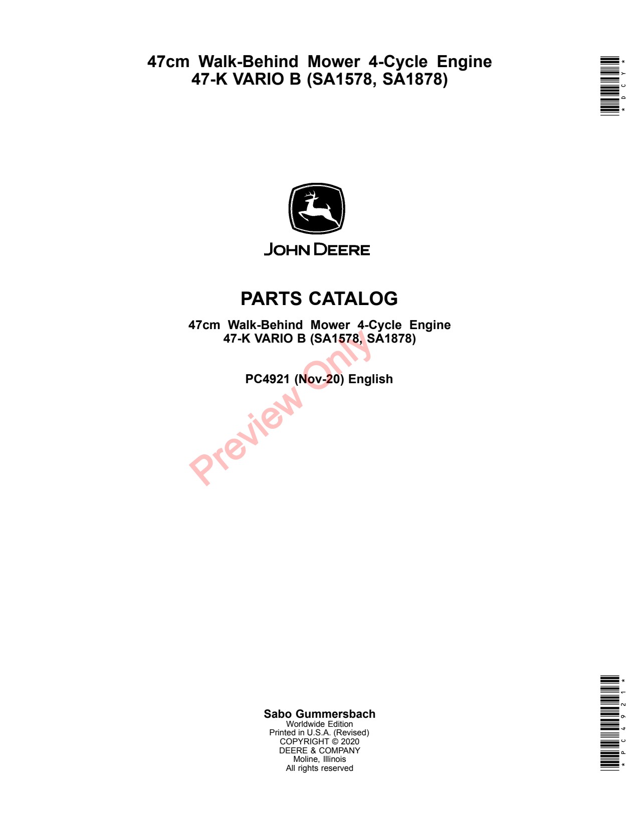 John Deere SA1578 SA1878 47CM 47 Walk-Behind Mower Parts Catalog PC4921 1 John Deere SA1578 SA1878 47CM 47 Walk-Behind Mower Parts Catalog PC4921