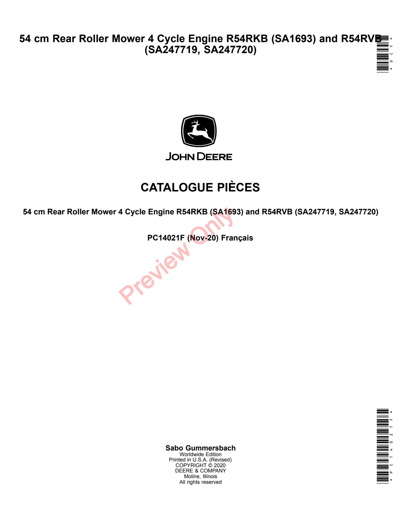 John Deere SA1693 SA247719 SA247720 54 R54RKB R54RVB Rear Roller Mower Parts Catalog PC14021F FR 1 John Deere SA1693 SA247719 SA247720 54 R54RKB R54RVB Rear Roller Mower Parts Catalog PC14021F FR