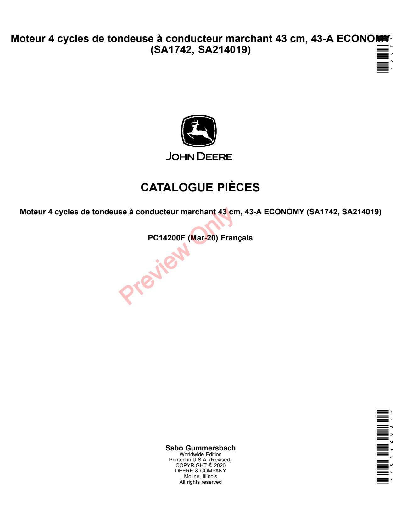 John Deere SA1742 SA214019 43 Walk-Behind Mower Parts Catalog PC14200F FR 1 John Deere SA1742 SA214019 43 Walk-Behind Mower Parts Catalog PC14200F FR