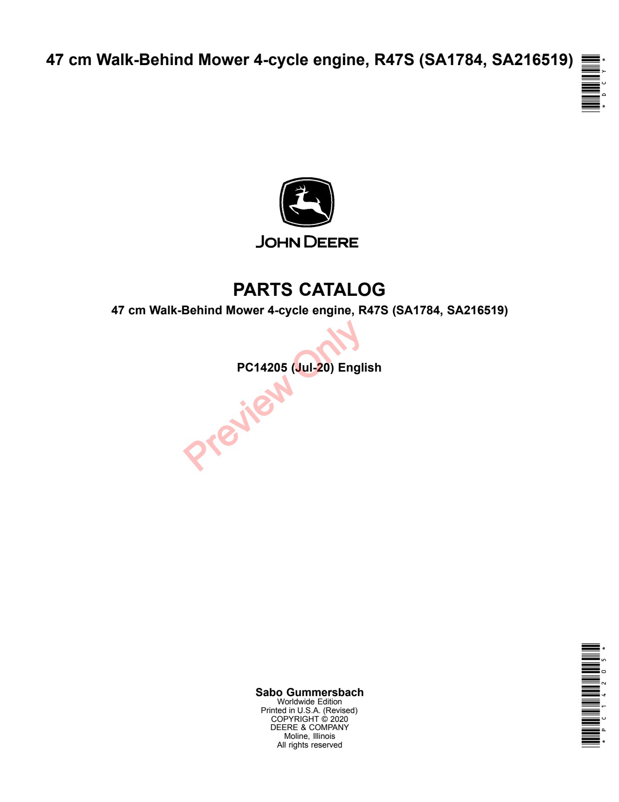 John Deere SA1784 SA216519 47 R47S Walk-Behind Mower Parts Catalog PC14205 1 John Deere SA1784 SA216519 47 R47S Walk-Behind Mower Parts Catalog PC14205