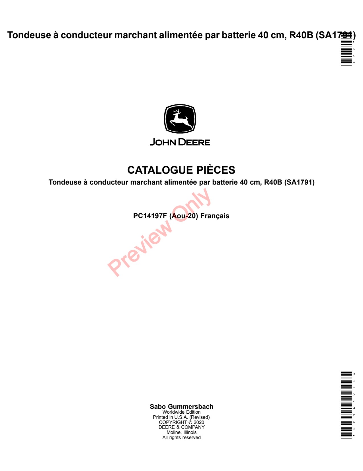 John Deere SA1791 40 R40B Battery Walk-Behind Mower Parts Catalog PC14197F FR 1 John Deere SA1791 40 R40B Battery Walk-Behind Mower Parts Catalog PC14197F FR