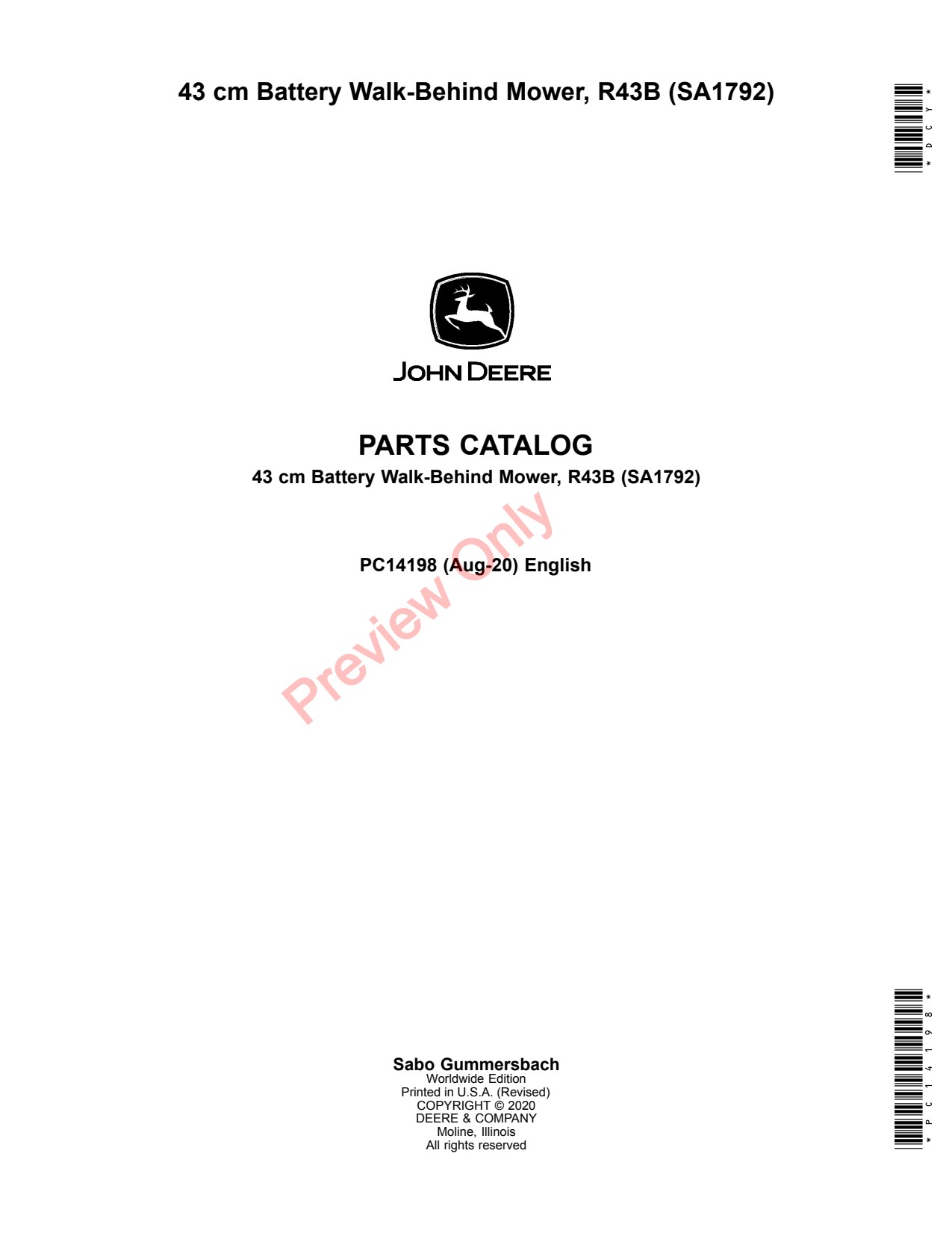 John Deere SA1792 43 R43B Battery Walk-Behind Mower Parts Catalog PC14198 1 John Deere SA1792 43 R43B Battery Walk-Behind Mower Parts Catalog PC14198