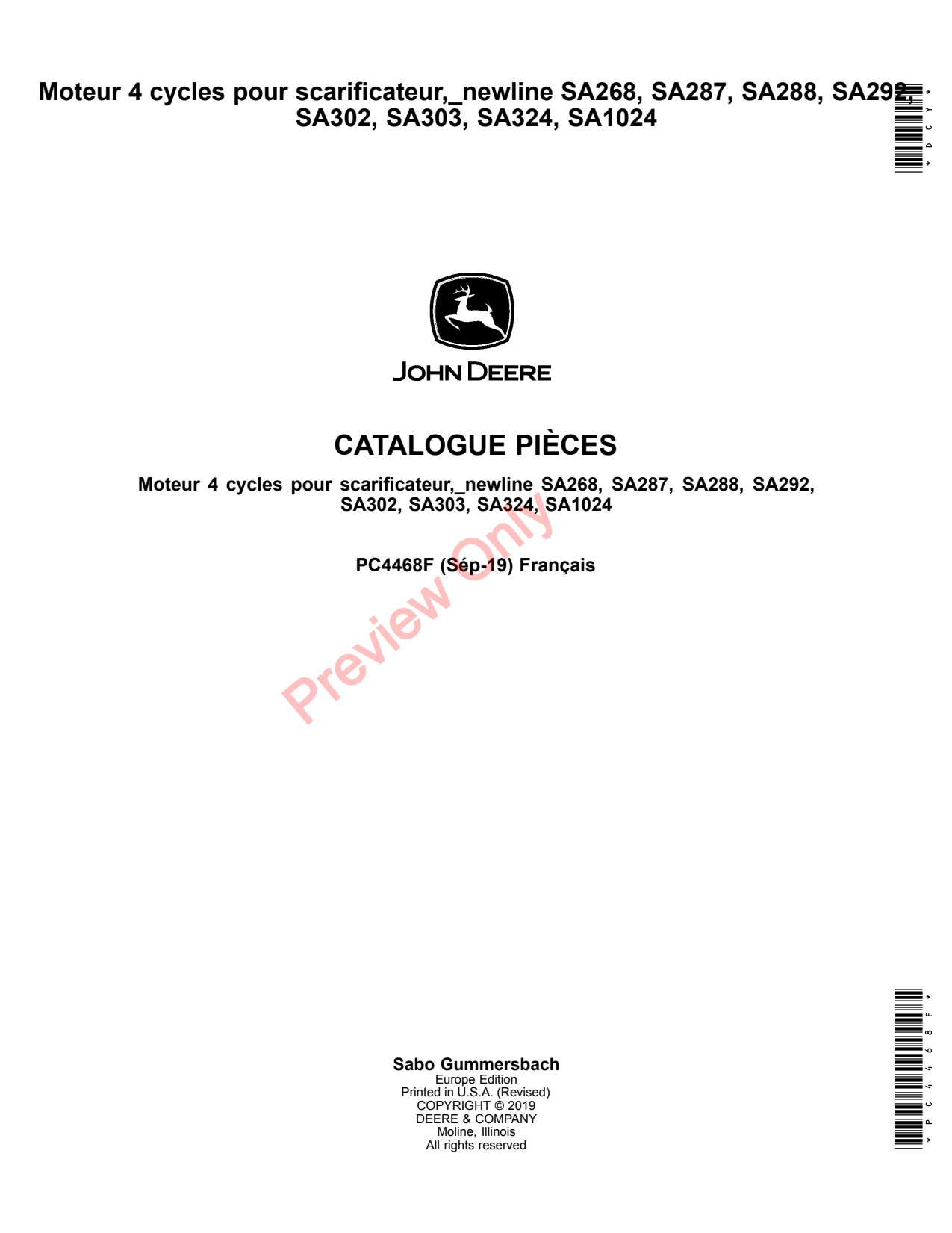 John Deere SA268 SA287 SA288 SA292 SA302 SA303 SA324 SA1024 Cycle Engine Parts Catalog PC4468F FR 1 John Deere SA268 SA287 SA288 SA292 SA302 SA303 SA324 SA1024 Cycle Engine Parts Catalog PC4468F FR