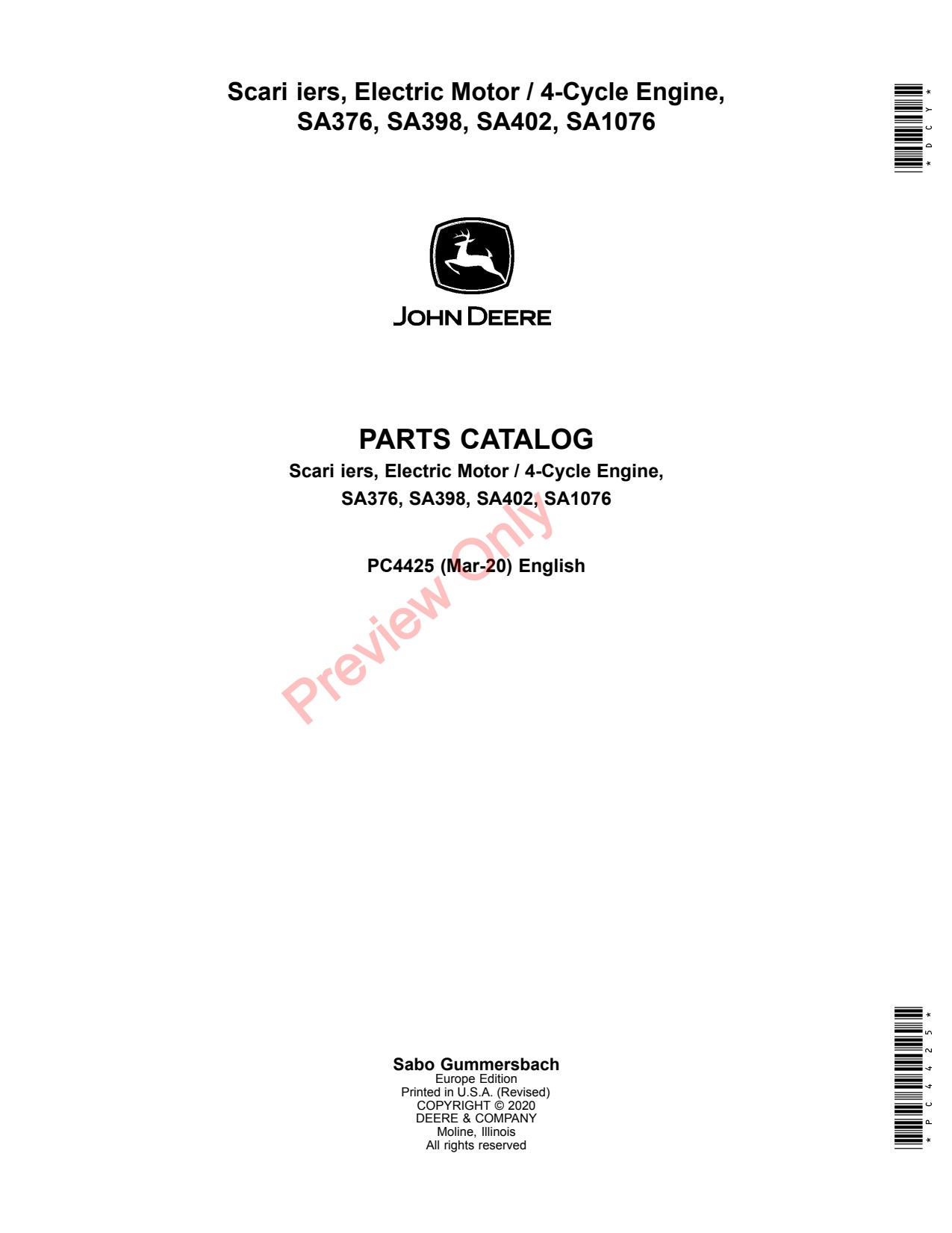 John Deere SA376 SA398 SA402 SA1076 Cycle Engine Parts Catalog PC4425 1 John Deere SA376 SA398 SA402 SA1076 Cycle Engine Parts Catalog PC4425