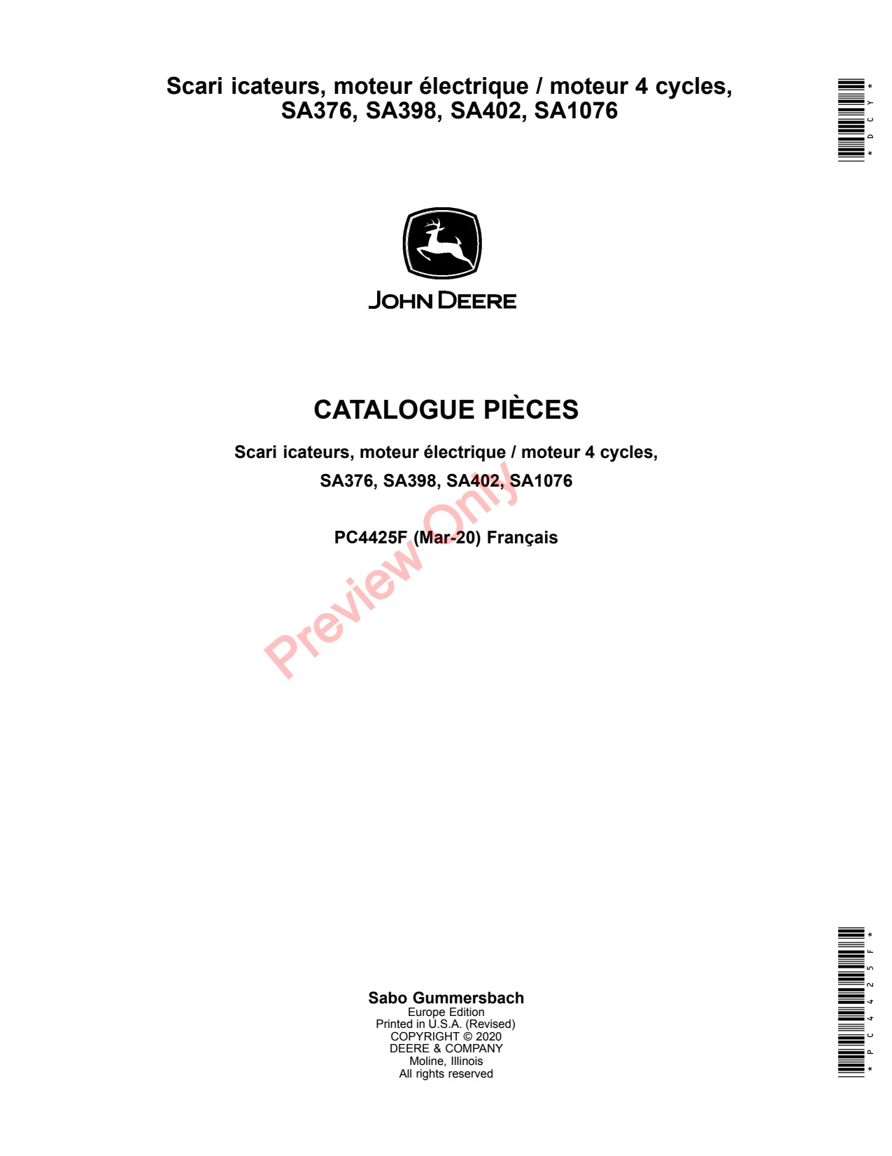 John Deere SA376 SA398 SA402 SA1076 Cycle Engine Parts Catalog PC4425F FR 1 John Deere SA376 SA398 SA402 SA1076 Cycle Engine Parts Catalog PC4425F FR