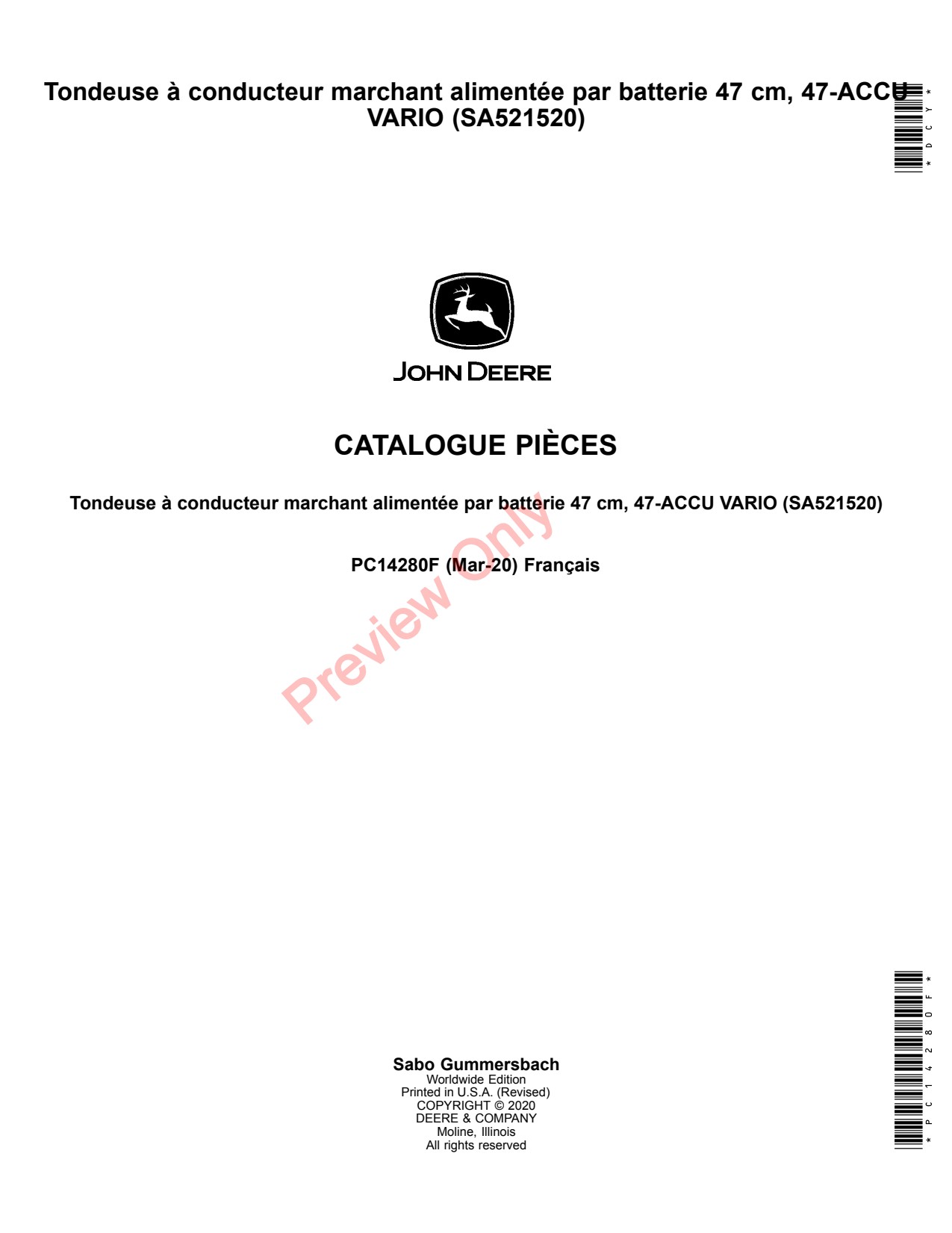 John Deere SA521520 47 Battery Walk-Behind Mower Parts Catalog PC14280F FR 1 John Deere SA521520 47 Battery Walk-Behind Mower Parts Catalog PC14280F FR