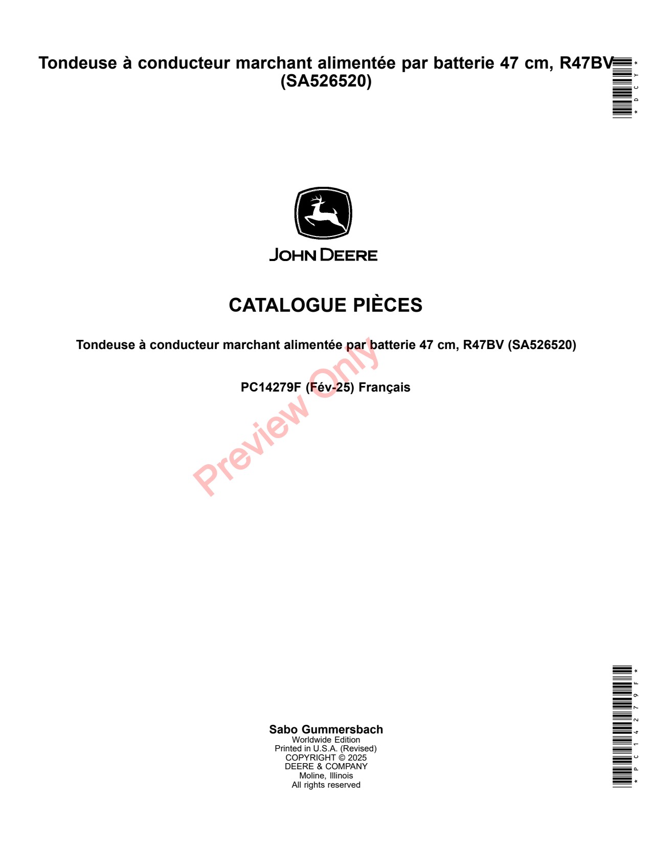 John Deere SA526520 47 R47BV Battery Walk-Behind Mower Parts Catalog PC14279F FR 1 John Deere SA526520 47 R47BV Battery Walk-Behind Mower Parts Catalog PC14279F FR