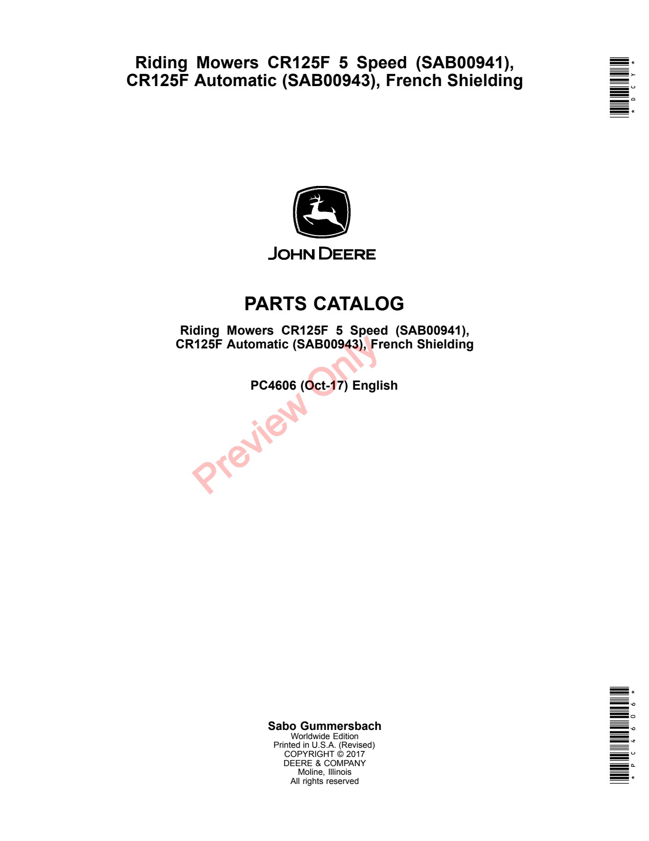 John Deere SAB00941 SAB00943 CR125F Riding Mower Parts Catalog PC4606 1 John Deere SAB00941 SAB00943 CR125F Riding Mower Parts Catalog PC4606