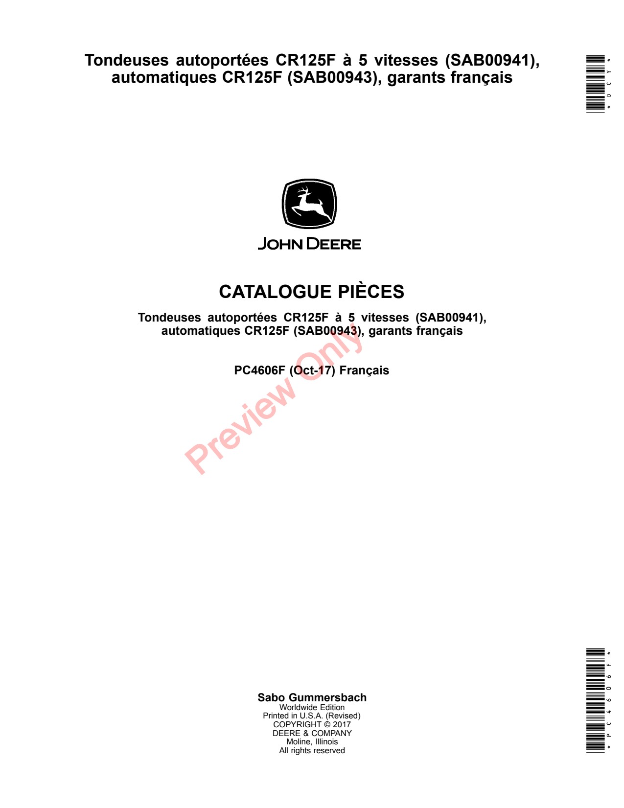 John Deere SAB00941 SAB00943 CR125F Riding Mower Parts Catalog PC4606F FR 1 John Deere SAB00941 SAB00943 CR125F Riding Mower Parts Catalog PC4606F FR