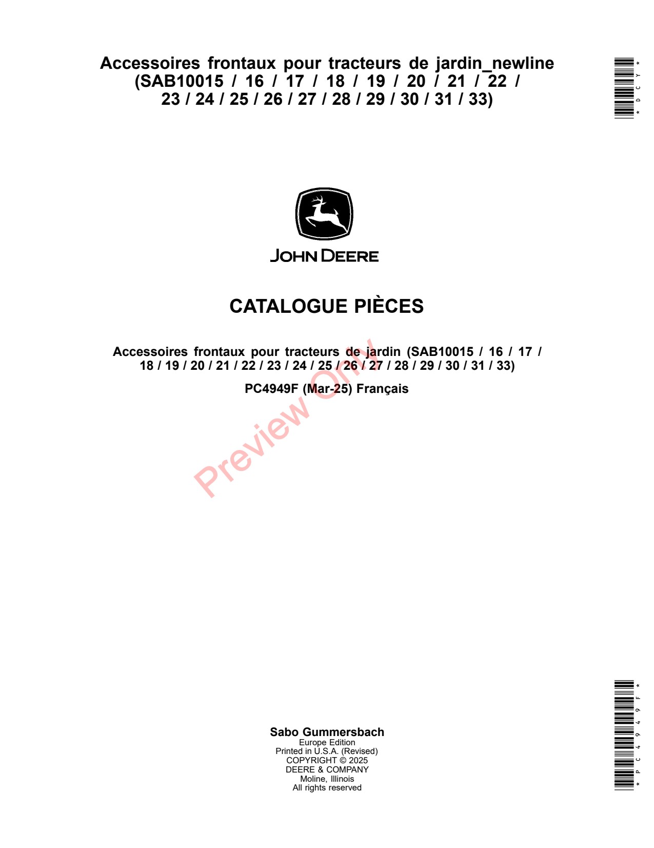 John Deere SAB10015 SAB10031 16 to 25 Front Attachment Parts Catalog PC4949F FR 1 John Deere SAB10015 SAB10031 16 to 25 Front Attachment Parts Catalog PC4949F FR
