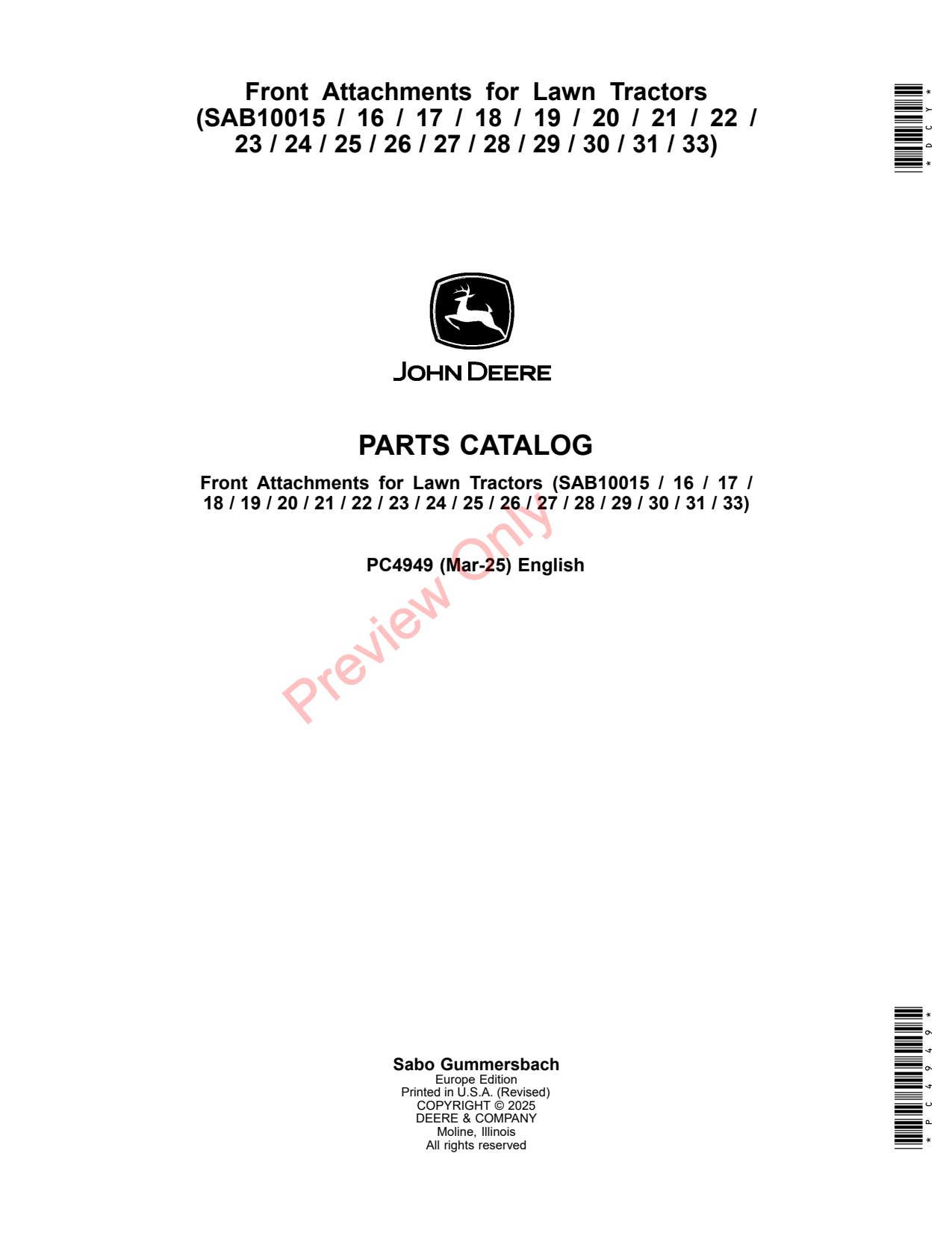 John Deere SAB10015 SAB10031 Front Attachment Parts Catalog PC4949 1 John Deere SAB10015 SAB10031 Front Attachment Parts Catalog PC4949