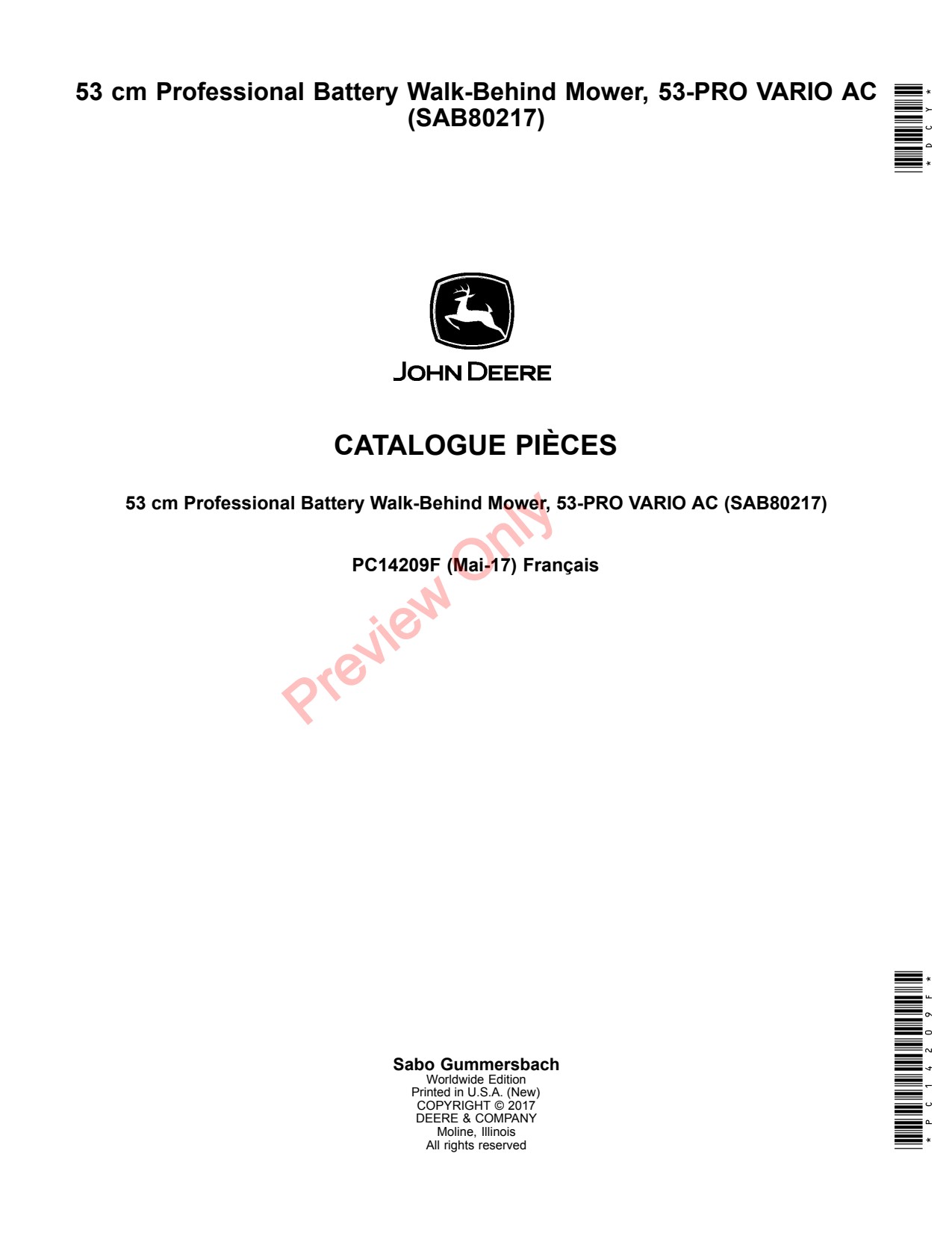 John Deere SAB80217 53 Professional Battery Walk-Behind Mower Parts Catalog PC14209F FR 1 John Deere SAB80217 53 Professional Battery Walk-Behind Mower Parts Catalog PC14209F FR