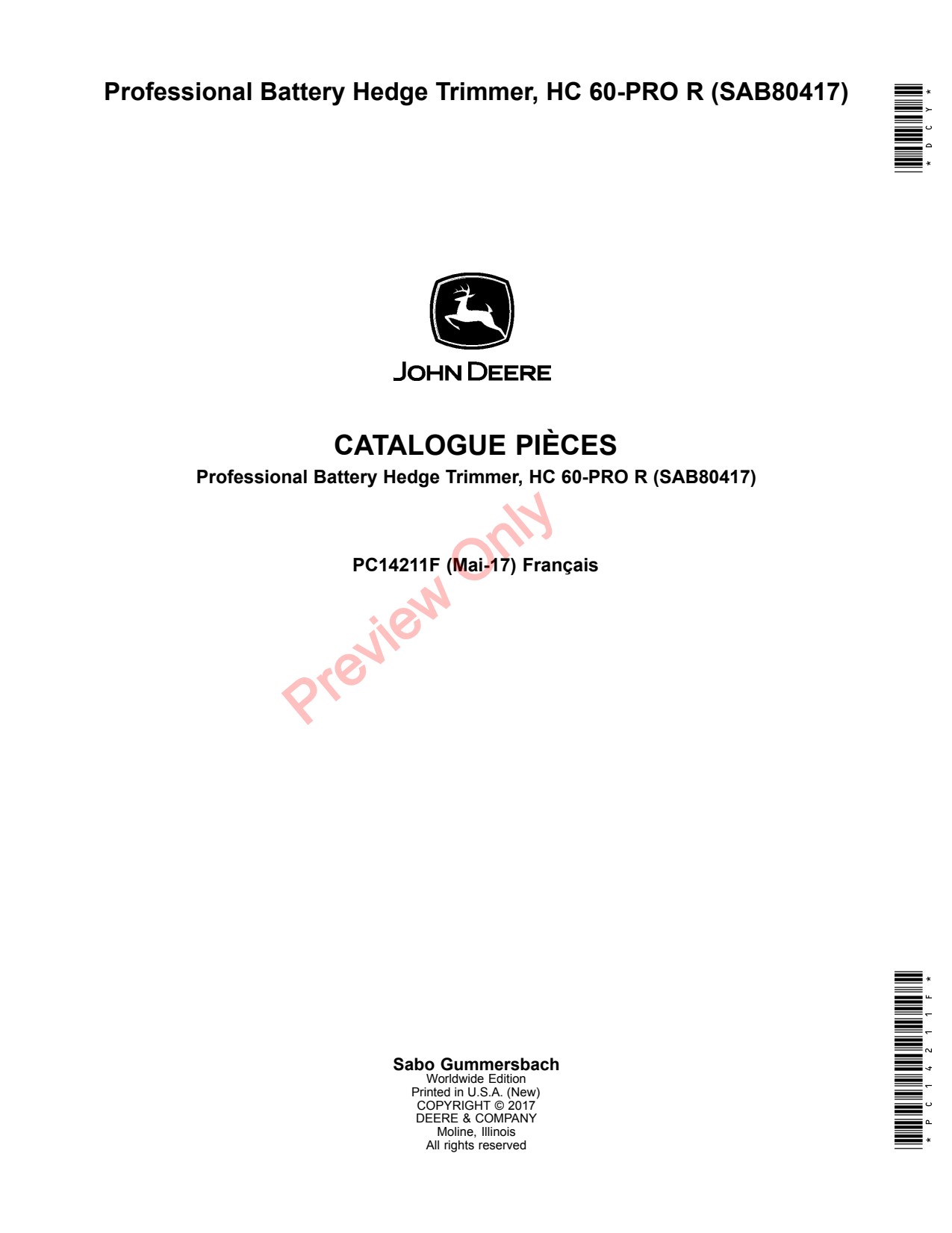 John Deere SAB80417 60 Battery Hedge Trimmer Parts Catalog PC14211F FR 1 John Deere SAB80417 60 Battery Hedge Trimmer Parts Catalog PC14211F FR