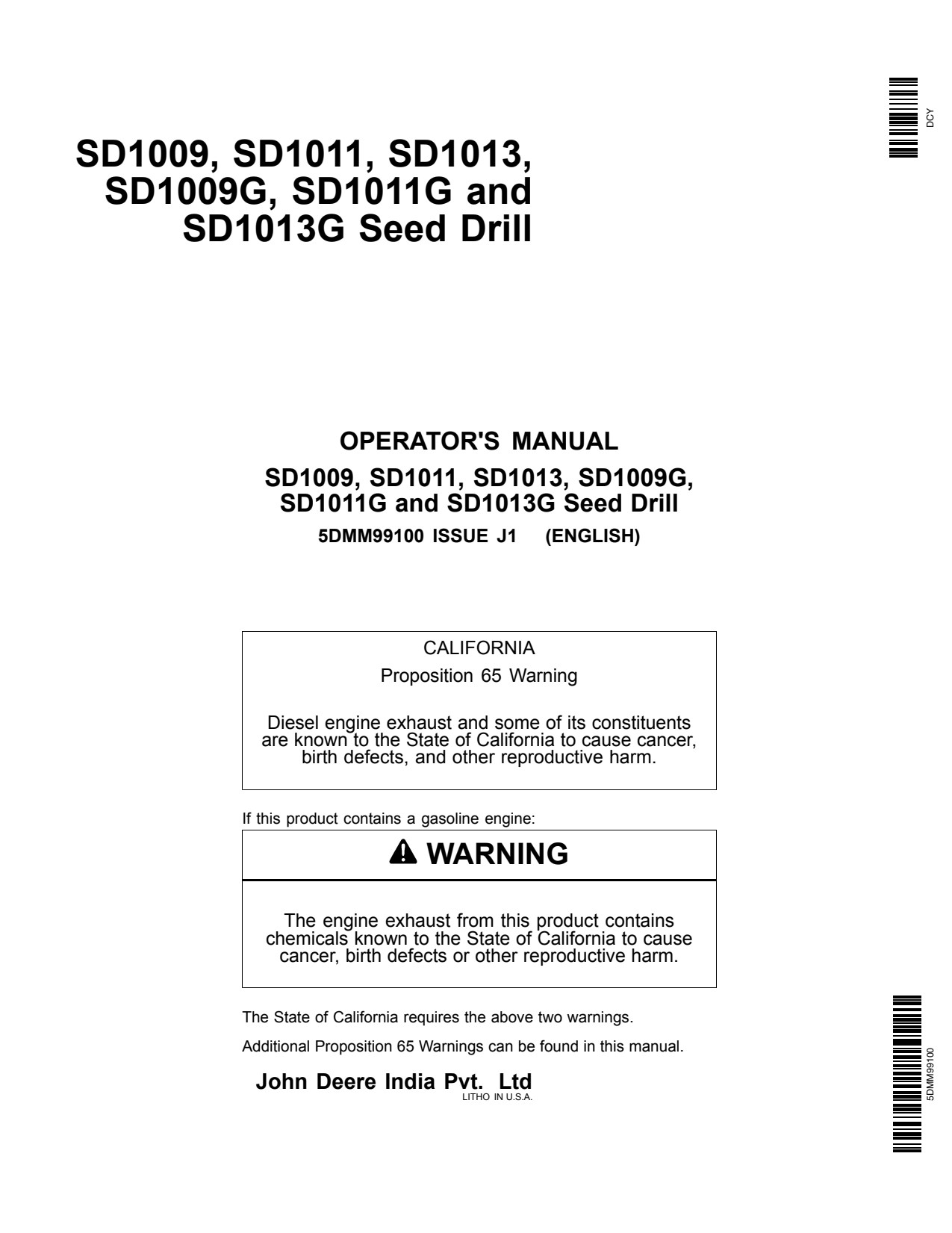 John Deere SD1009 to SD1013 SD1009G SD1011G SD1013G Seed Drill Operator Manual 5DMM99100 1 John Deere SD1009 to SD1013 SD1009G SD1011G SD1013G Seed Drill Operator Manual 5DMM99100