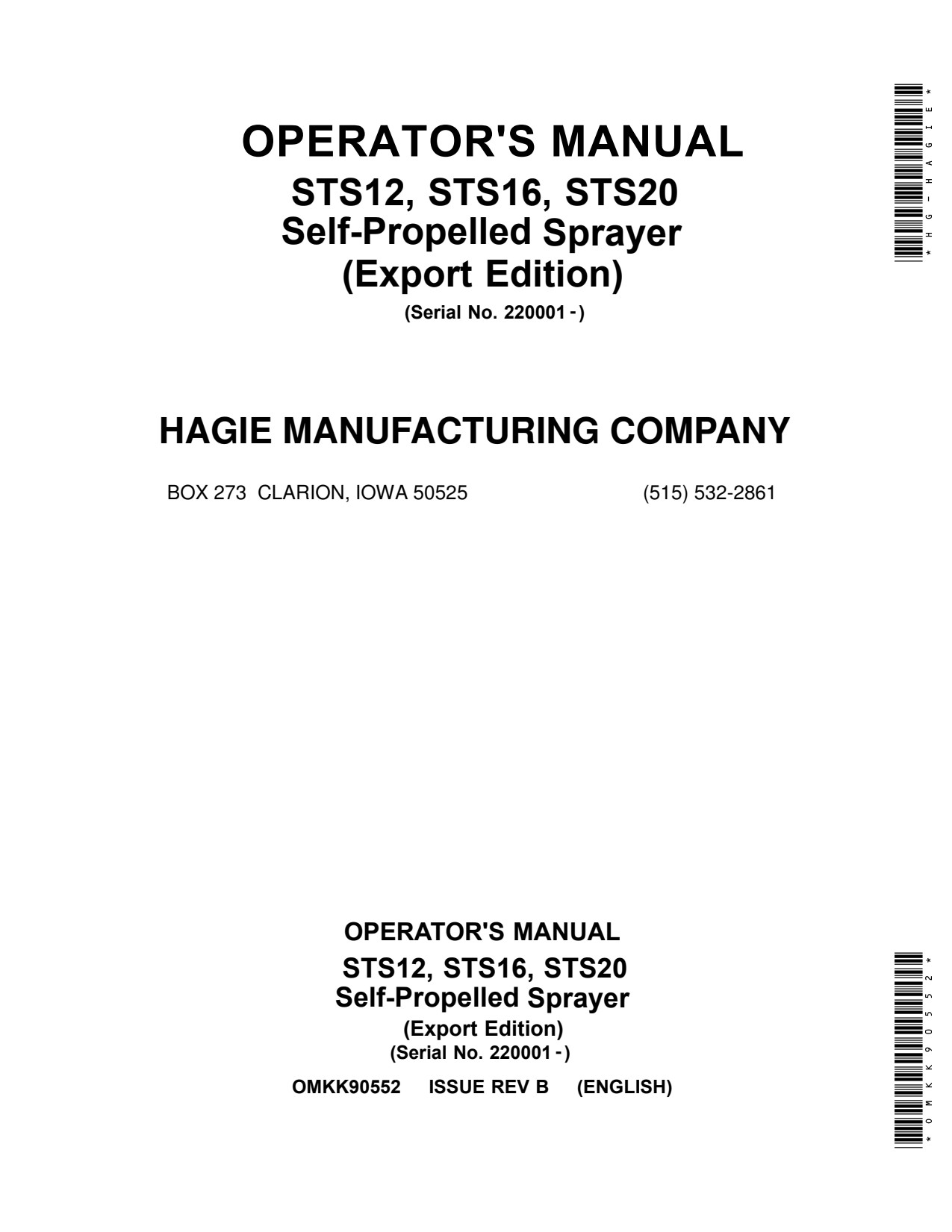 John Deere STS12 to STS20 12 20 Self-Propelled Sprayer Operator Manual OMKK90552 1 John Deere STS12 to STS20 12 20 Self-Propelled Sprayer Operator Manual OMKK90552