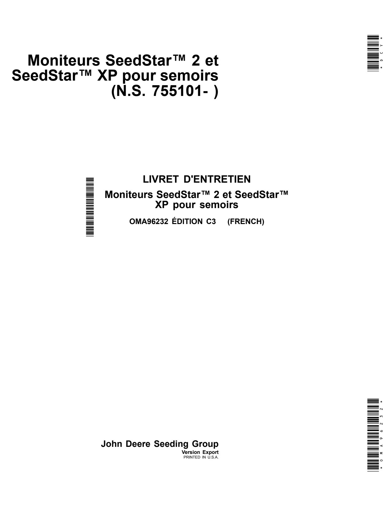 John Deere SeedStar 1705 1775NT 1715 1735 CCS Precision Ag Electronics Operator Manual OMA96232 FR 1 John Deere SeedStar 1705 1775NT 1715 1735 CCS Precision Ag Electronics Operator Manual OMA96232 FR