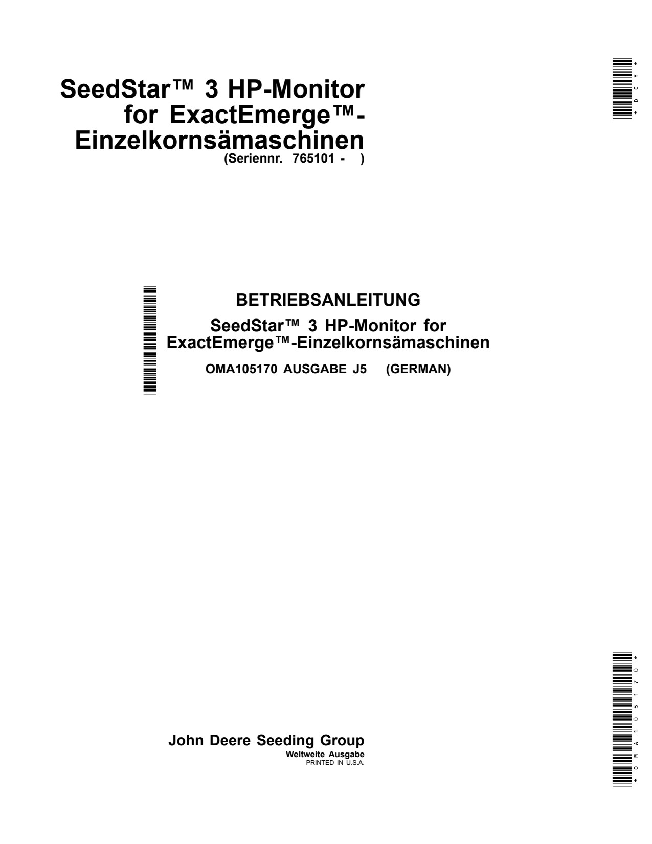 John Deere SeedStar 3 Planter Operator Manual OMA105170 DE 1 John Deere SeedStar 3 Planter Operator Manual OMA105170 DE