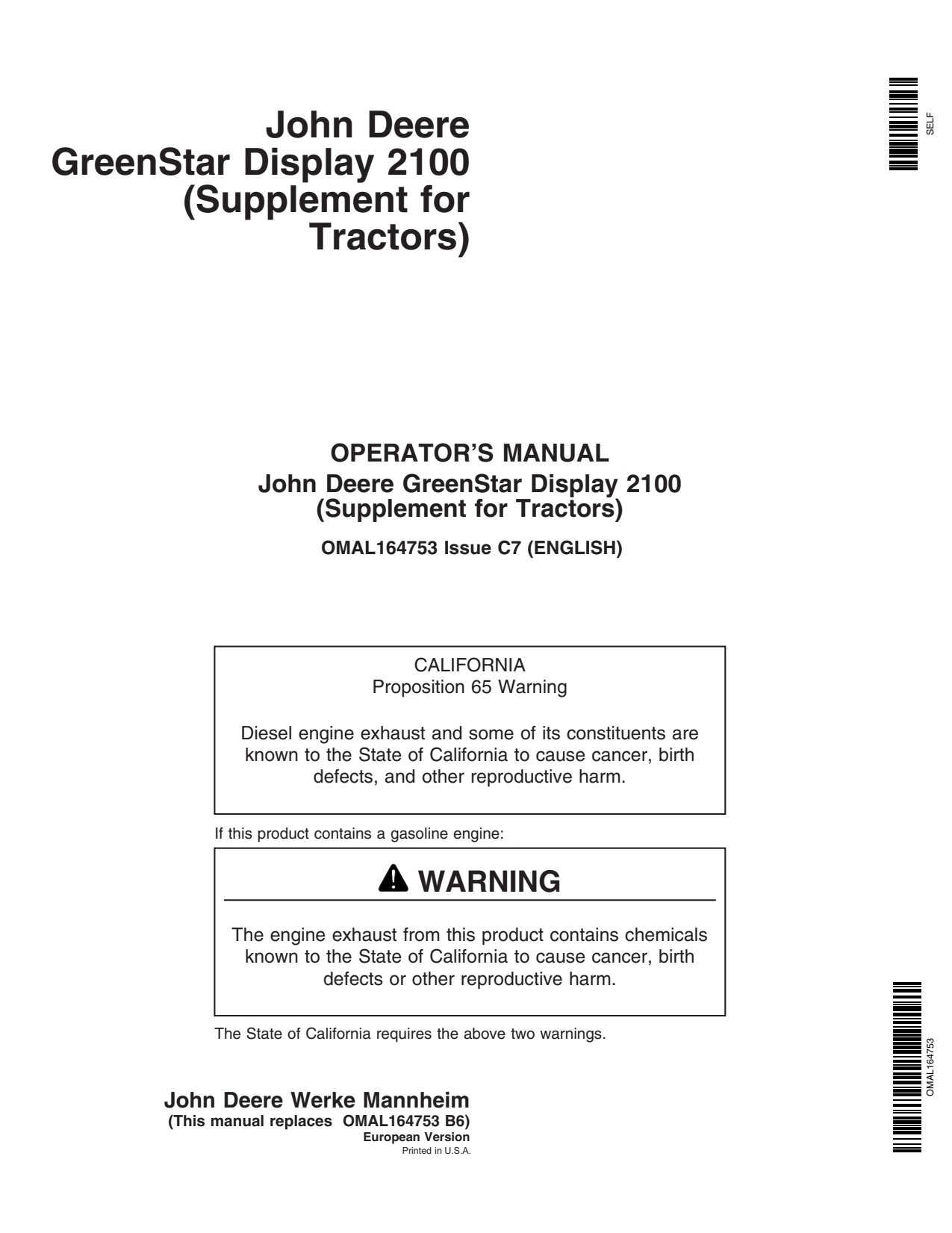 John Deere Self GreenStar Display 2100 Supplement for Tractors Monitor System Operator Manual OMAL164753 1 John Deere Self GreenStar Display 2100 Supplement for Tractors Monitor System Operator Manual OMAL164753