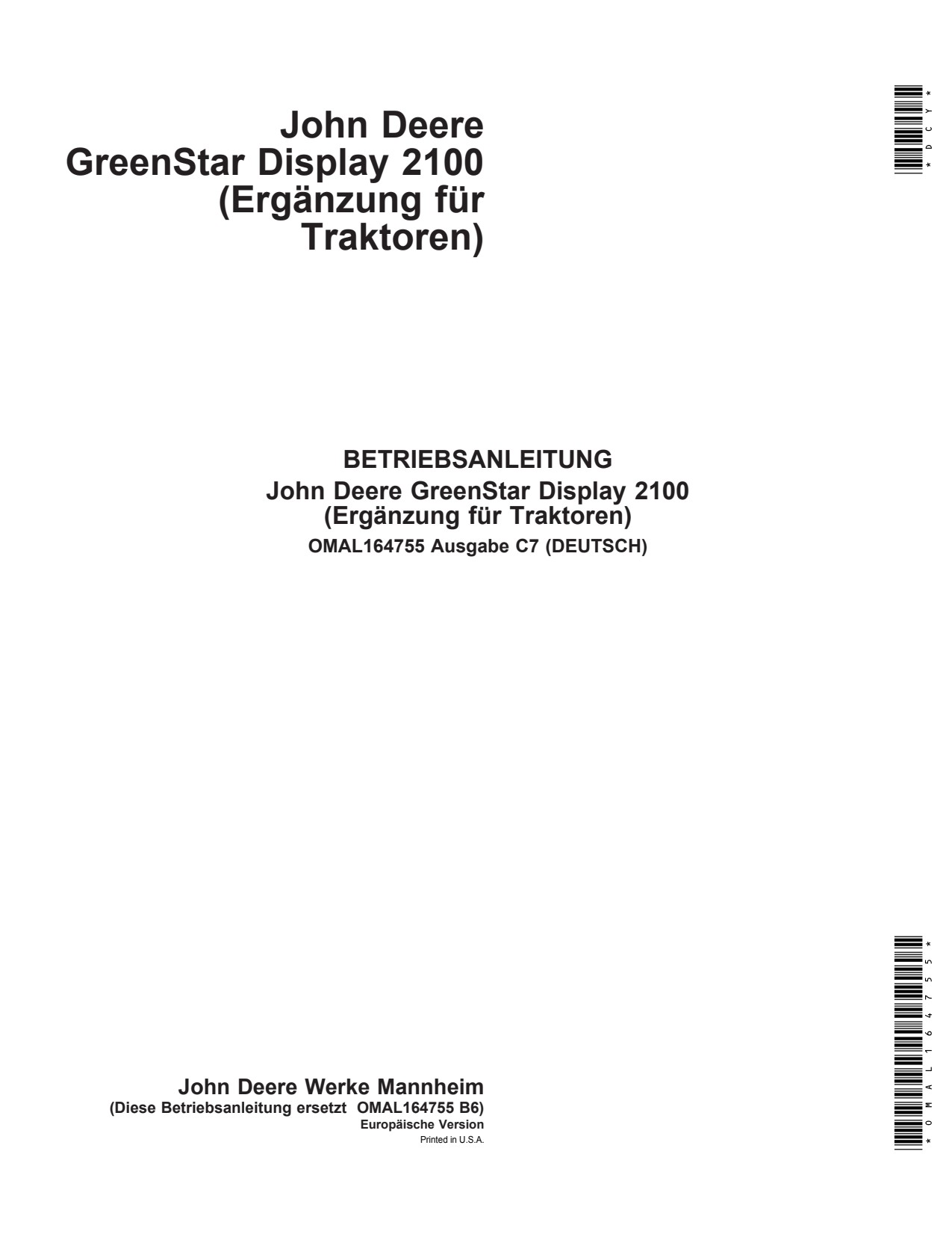 John Deere Self GreenStar Display 2100 Supplement for Tractors Monitor System Operator Manual OMAL164755 DE 1 John Deere Self GreenStar Display 2100 Supplement for Tractors Monitor System Operator Manual OMAL164755 DE