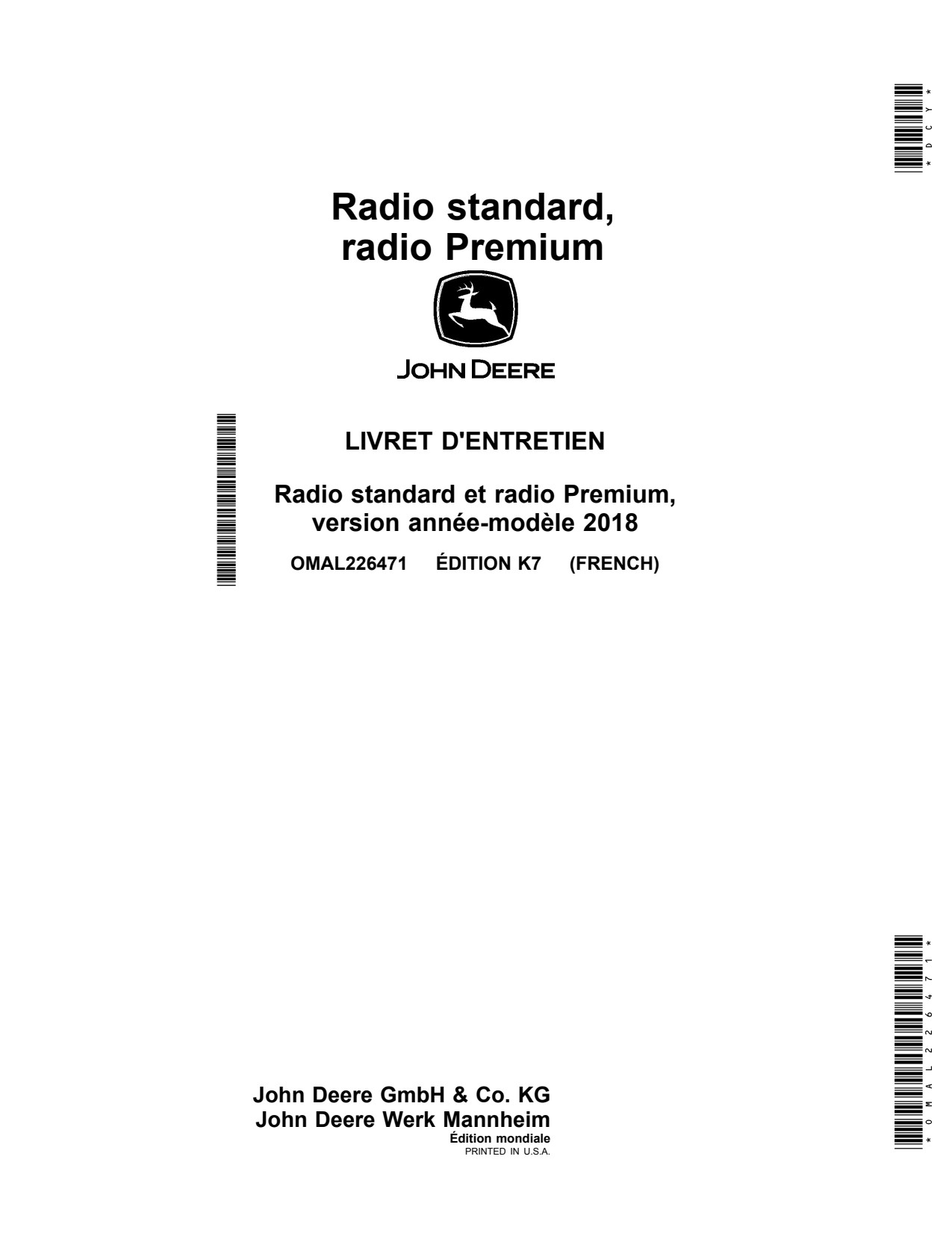 John Deere Standard Radio Premium Radio Precision Ag Electronics Operator Manual OMAL226471 FR 1 John Deere Standard Radio Premium Radio Precision Ag Electronics Operator Manual OMAL226471 FR
