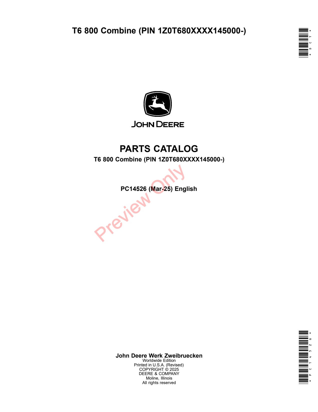 John Deere T6 800 Combine Parts Catalog PC14526 1 John Deere T6 800 Combine Parts Catalog PC14526