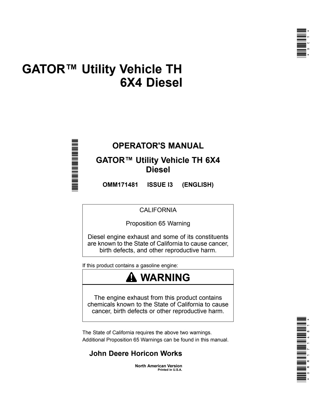 John Deere TH 6x4 Diesel Utility Vehicle Gator Operator Manual OMM171481 1 John Deere TH 6x4 Diesel Utility Vehicle Gator Operator Manual OMM171481