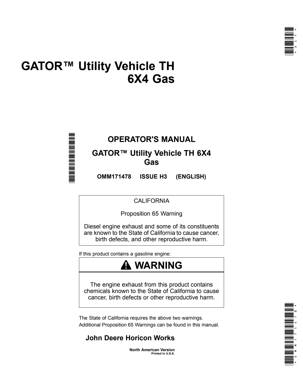John Deere TH 6x4 Gas Utility Vehicle Gator Operator Manual OMM171478 1 John Deere TH 6x4 Gas Utility Vehicle Gator Operator Manual OMM171478
