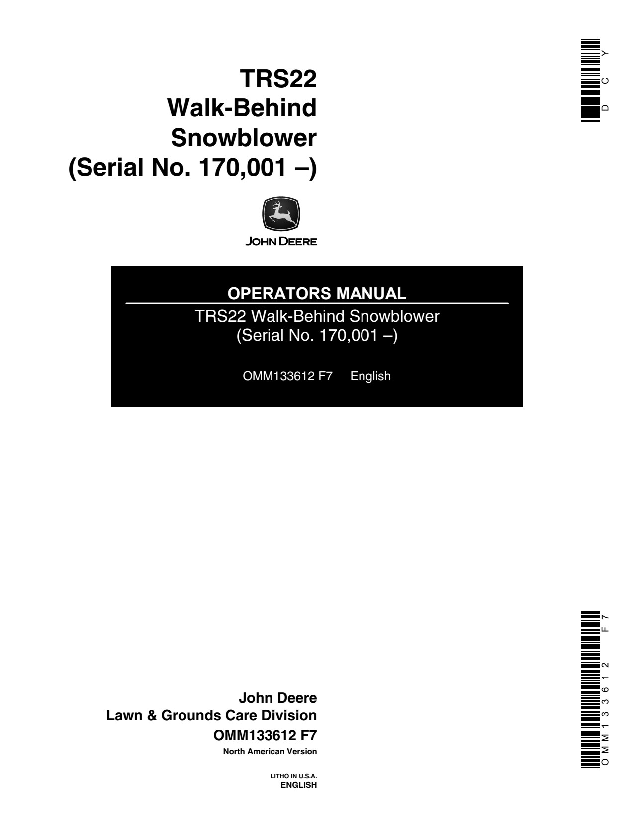 John Deere TRS22 Walk-behind Snow Blower Operator Manual OMM133612 1 John Deere TRS22 Walk-behind Snow Blower Operator Manual OMM133612