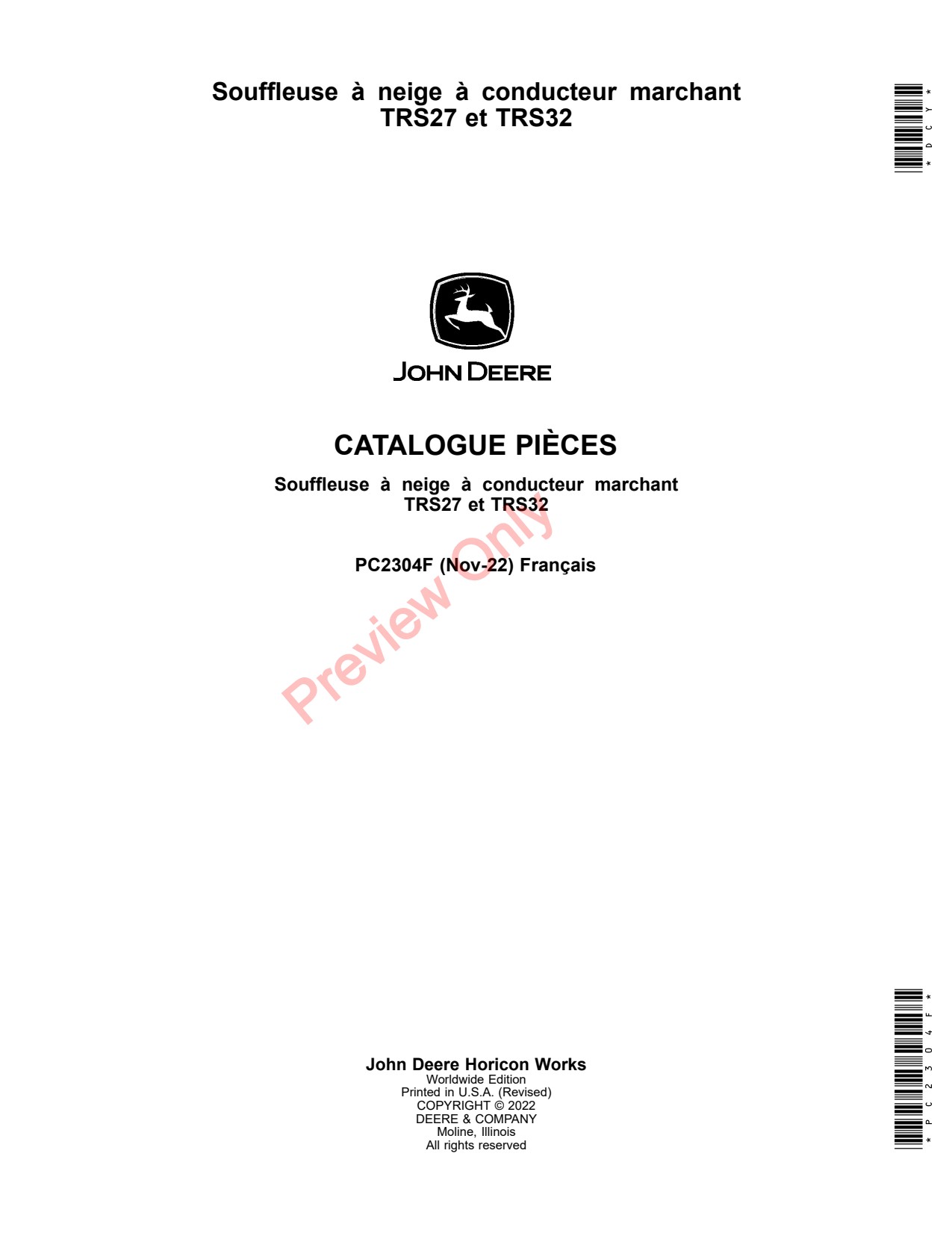 John Deere TRS27 TRS32 Walk-behind Snow Blower Parts Catalog PC2304F FR 1 John Deere TRS27 TRS32 Walk-behind Snow Blower Parts Catalog PC2304F FR