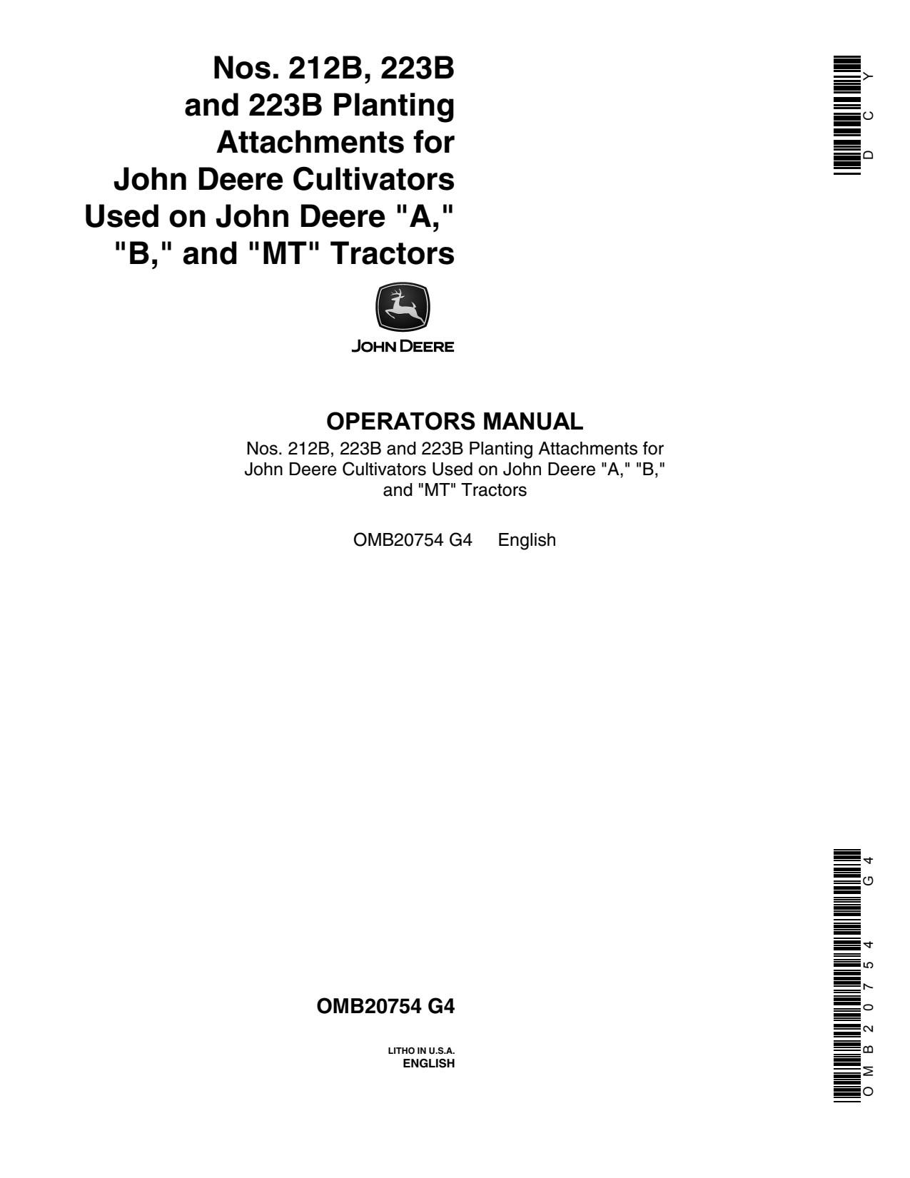 John Deere TWO-ROW 212B 223B Planting Attachment Operator Manual OMB20754 1 John Deere TWO-ROW 212B 223B Planting Attachment Operator Manual OMB20754