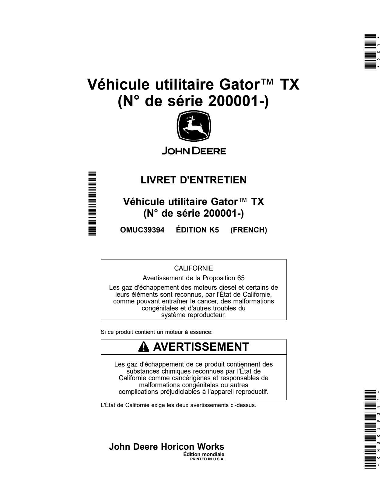 John Deere TX4X2 Utility Vehicle Gator Operator Manual OMUC39394 FR 1 John Deere TX4X2 Utility Vehicle Gator Operator Manual OMUC39394 FR