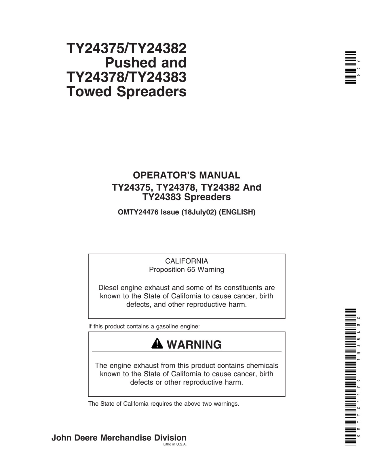John Deere TY24375 TY24378 TY24382 TY25383 TY24383 Towed Spreader Operator Manual OMTY24476 1 John Deere TY24375 TY24378 TY24382 TY25383 TY24383 Towed Spreader Operator Manual OMTY24476