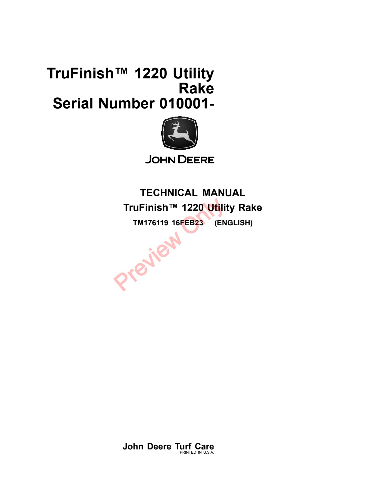 John Deere TruFinish 1220 Utility Rake Technical Manual TM176119 1 John Deere TruFinish 1220 Utility Rake Technical Manual TM176119
